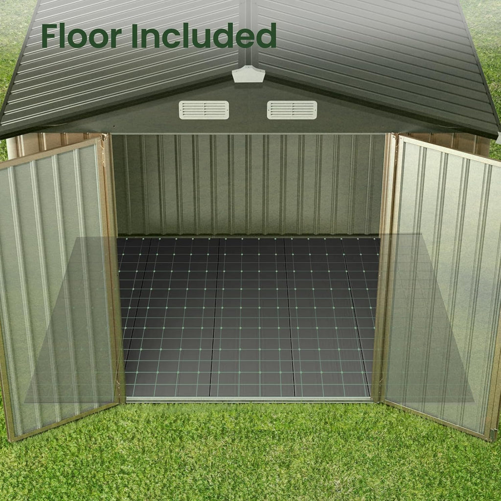GVDV 8x6 FT Full Size Outdoor Metal Storage Shed with Floor, Durable Garden Shed with Reinforced Sidewall Girts & Updated Frame Structure, All-Weather Shelter for Backyard, Patio, Tool, Bike Storage