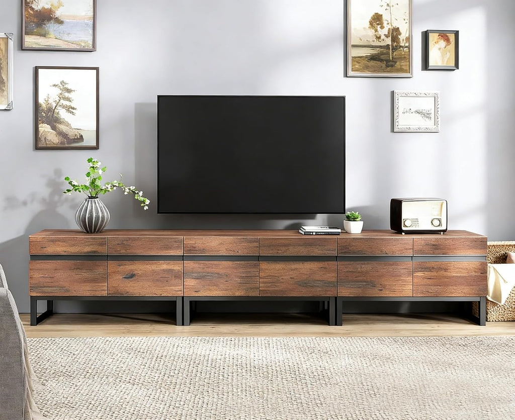WAMPAT Modern TV Stand for 32-110 Inch TVs, Wood Entertainment Center with Metal Base Storage Cabinets, Media TV Console for Living Room, Brown, 3Pcs