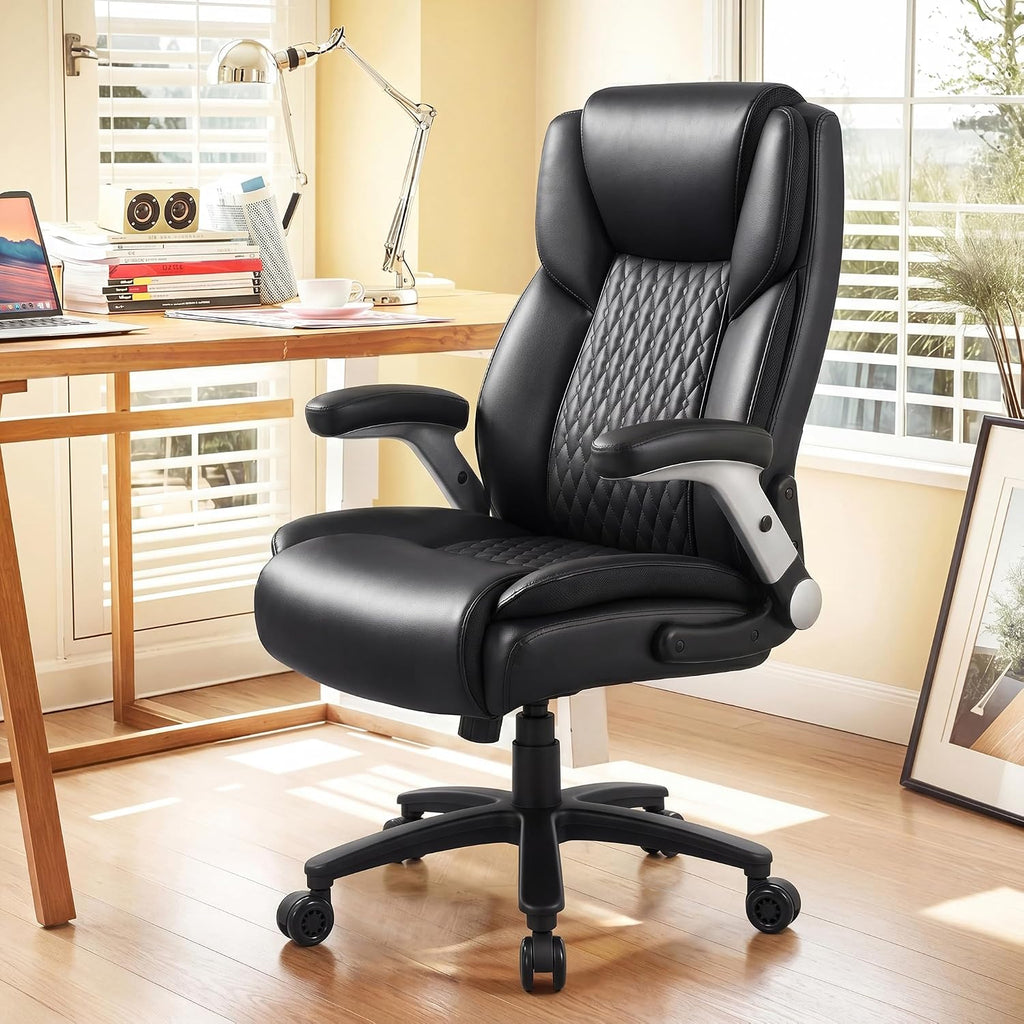 LEMBERI 600lbs Big and Tall Office Chair with Flip up Armrest, Heavy Duty Executive Desk Chair for Heavy People, High Back Computer Chair with Adjustable Lumbar Support,Black