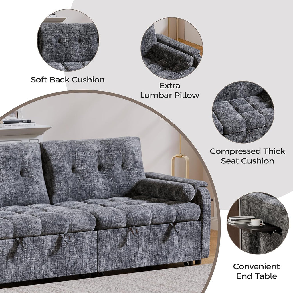 Convertible Sleeper Sofa Bed, 86 Inch Chenille Pull Out Couch with Side Table & Adjustable Backrest, Sectional Sleeper Sofa with Pull Out Bed for Living Room, Apartment, Gray