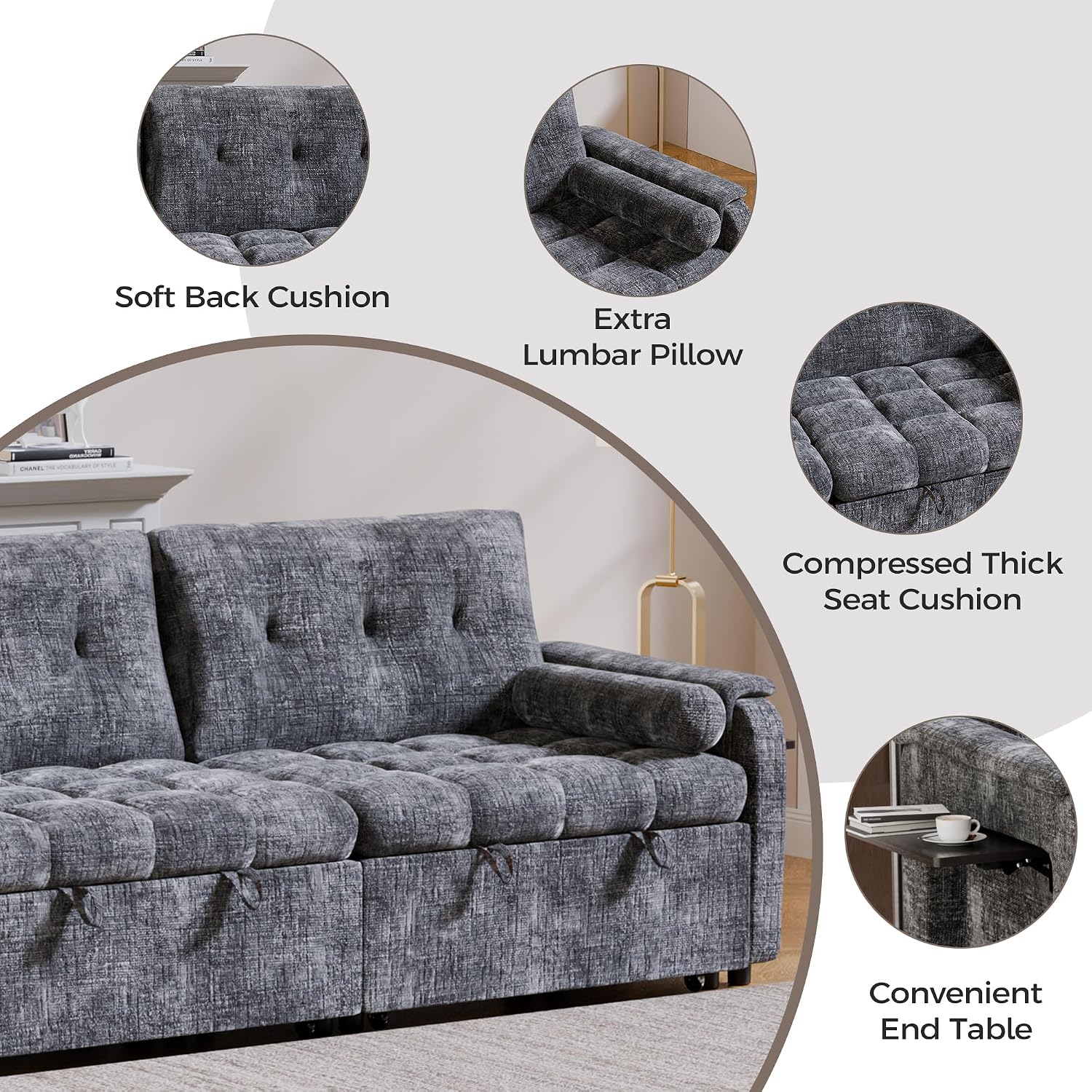 Convertible Sleeper Sofa Bed, 86 Inch Chenille Pull Out Couch with Side Table & Adjustable Backrest, Sectional Sleeper Sofa with Pull Out Bed for Living Room, Apartment, Gray