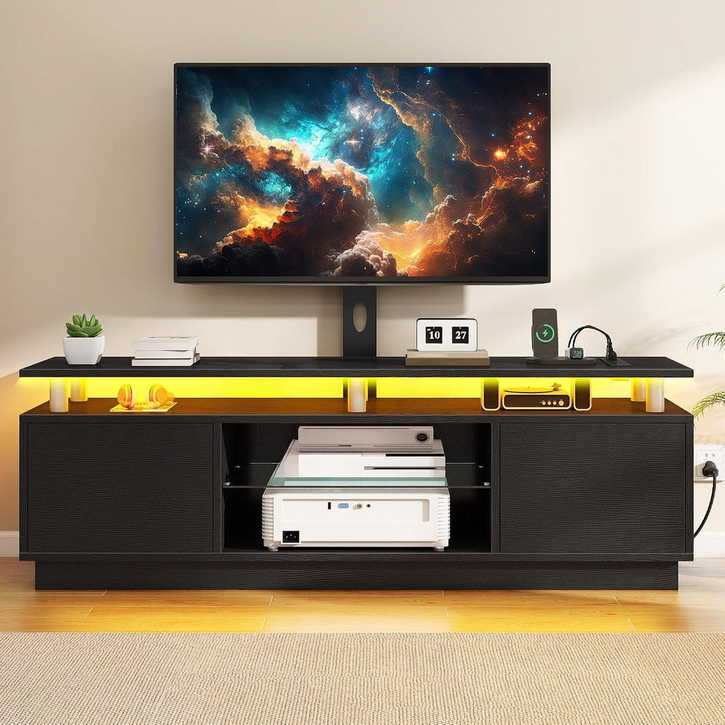 DWVO Black TV Stand for 75/70/65 inch TV with Mount & Power Outlet, Modern LED TV Stands for Living Room, Entertainment Center with Storage, Television Stand, Gaming Media Stand, Black