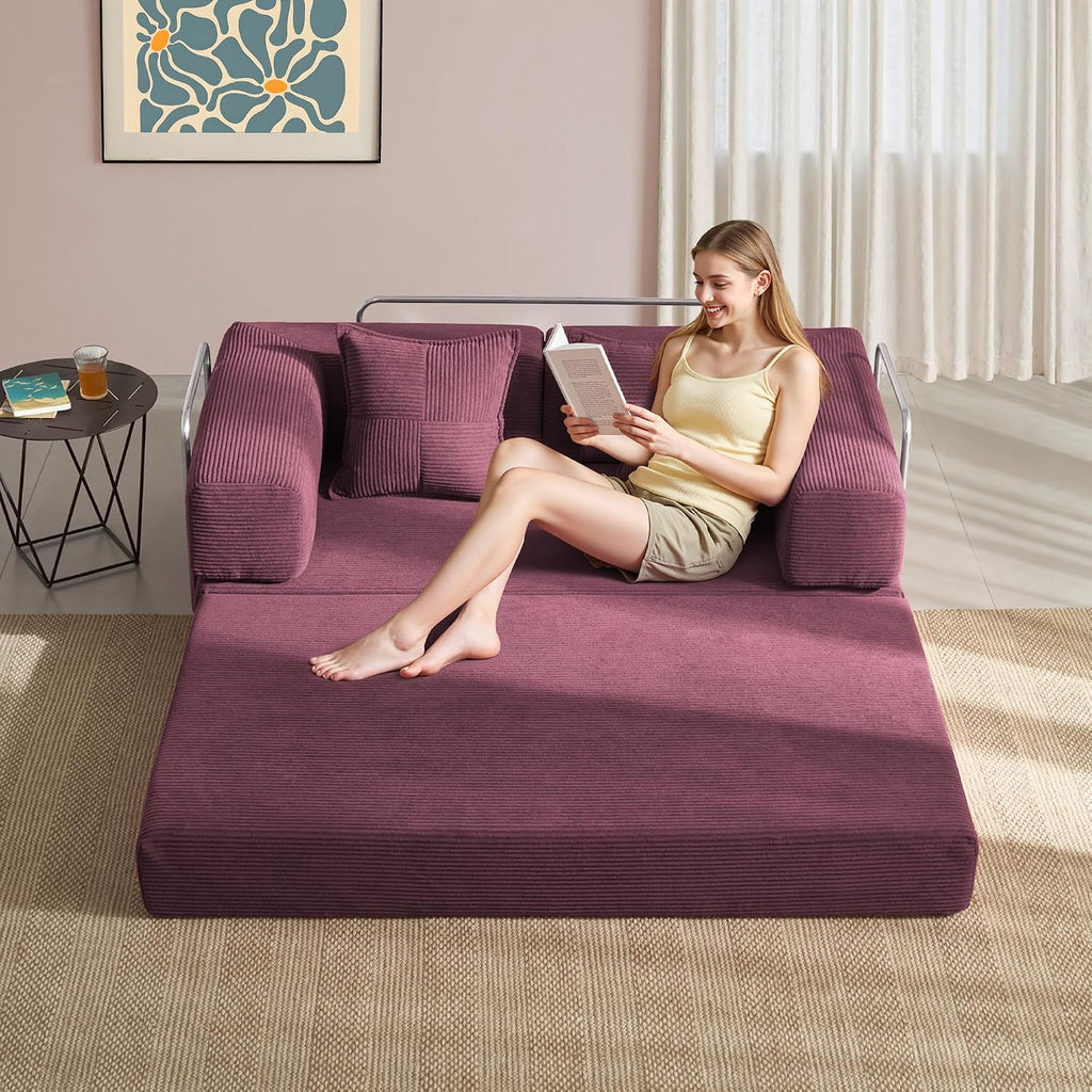 YINIX Sofa Bed, 62'' Folding Floor Couch, Compressed Convertable Sleeper Sofa, Memory Foam Couch with Pillow Back Support Armrest, 4-in-1 Futon Sofa Bed for Living Room, Burgundy