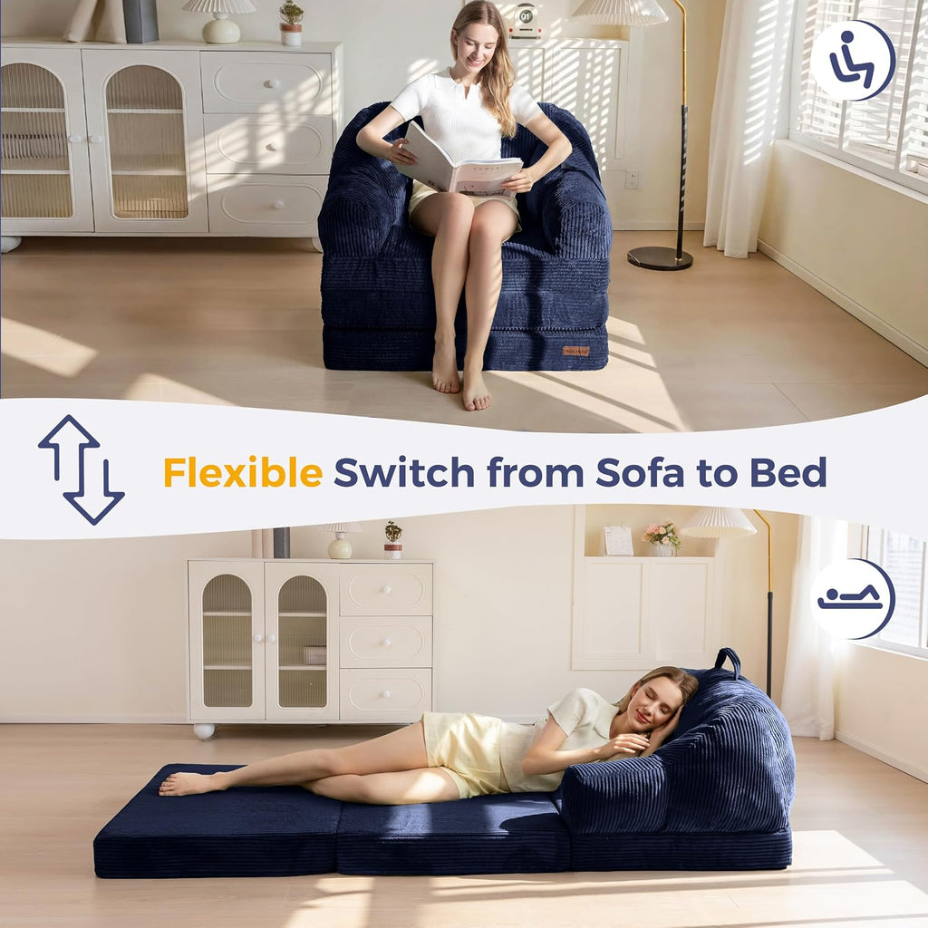 MAXYOYO Folding Sofa Bed with Backrest, Boneless Fold Out Couch Bed with Handle, 2 in 1 Convertible Bean Bag Chair to Floor Sofa Lounger, Comfy Folding Couch for Bedroom & Living Room, Navy