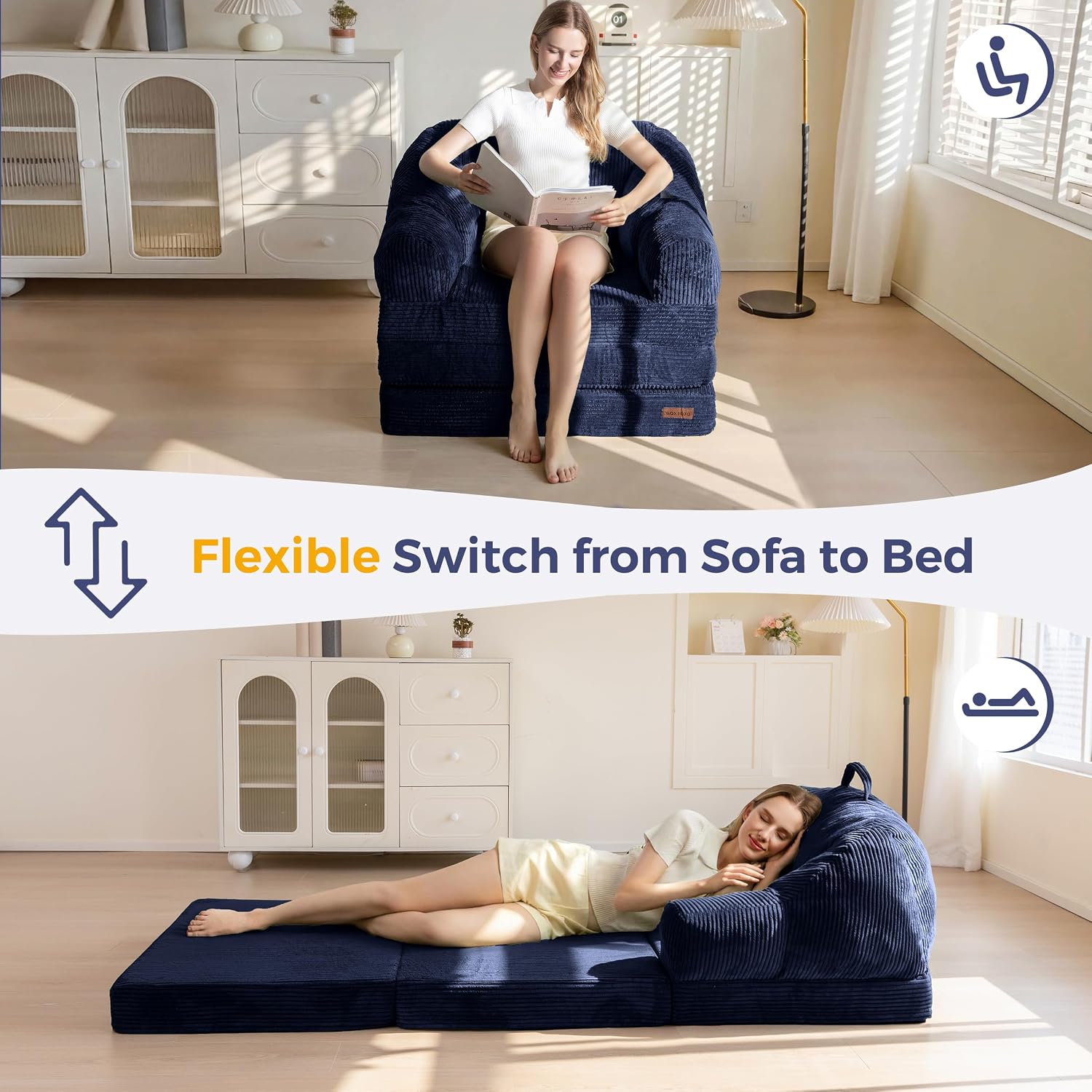 MAXYOYO Folding Sofa Bed with Backrest, Boneless Fold Out Couch Bed with Handle, 2 in 1 Convertible Bean Bag Chair to Floor Sofa Lounger, Comfy Folding Couch for Bedroom & Living Room, Navy