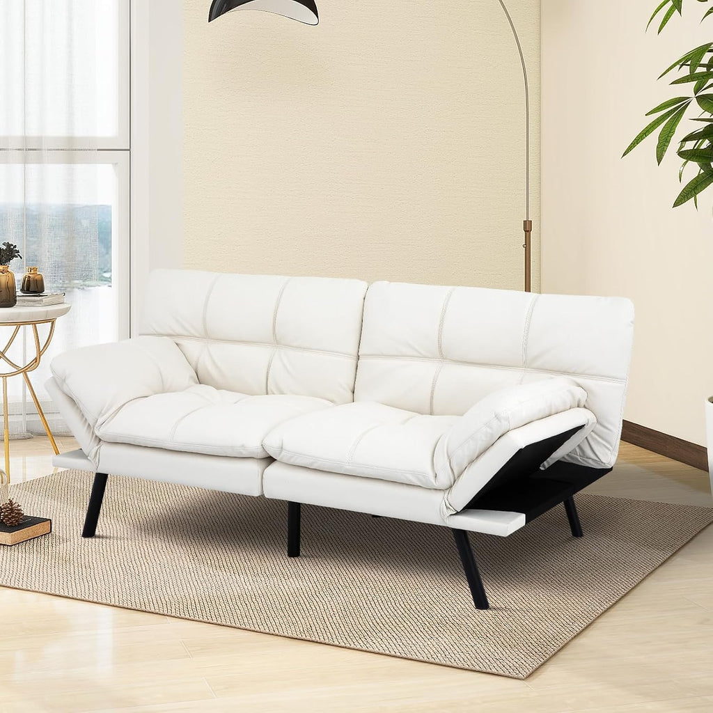 MUUEGM Futon Sofa Bed Convertible Couch,Memory Foam Futon Sofa Couch,Sleeper Futons Sofa Couches,Small Splitback Modern Loveseat Sofa Bed for Living Room,Office,Apartment,Faux Leather,White.
