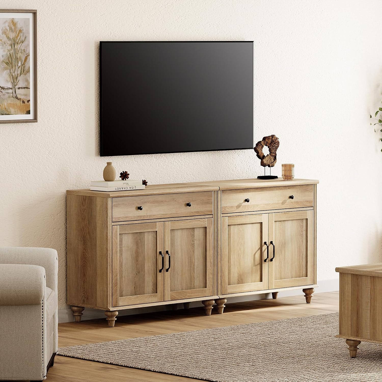 WAMPAT Farmhouse TV Stand for 75 inch TV with 4 Doors and 2 Drawers, Wood Universal TV Stand with Storage Cabinets, Oak Entertainment Center TV Console Table for Living Room, Bedroom