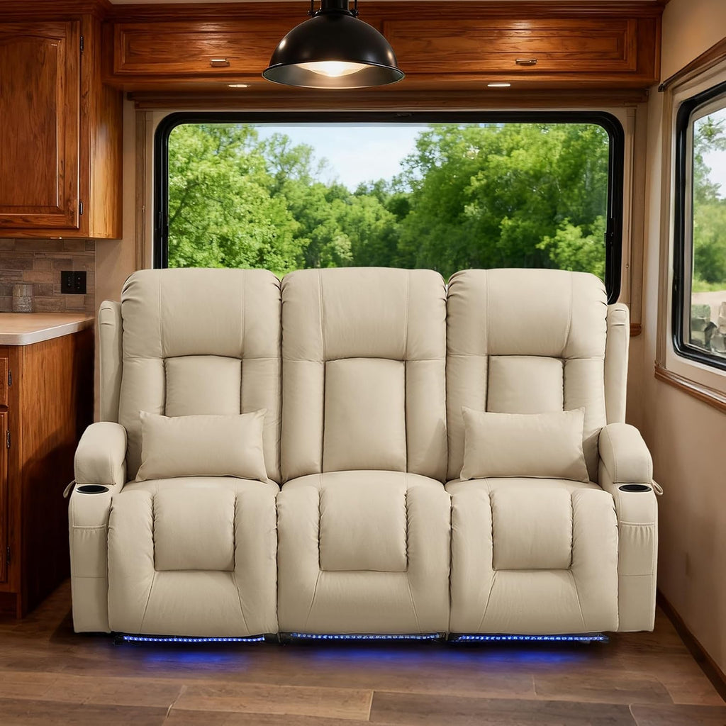 TUNYI Power Loveseat Recliner Sofa with Massage & Heat Home Theater Seating with Console RV Recliner Loveseat Sofa with USB/Storage/Side Pocket/LED Light/Speaker (Beige, 3 Seat)