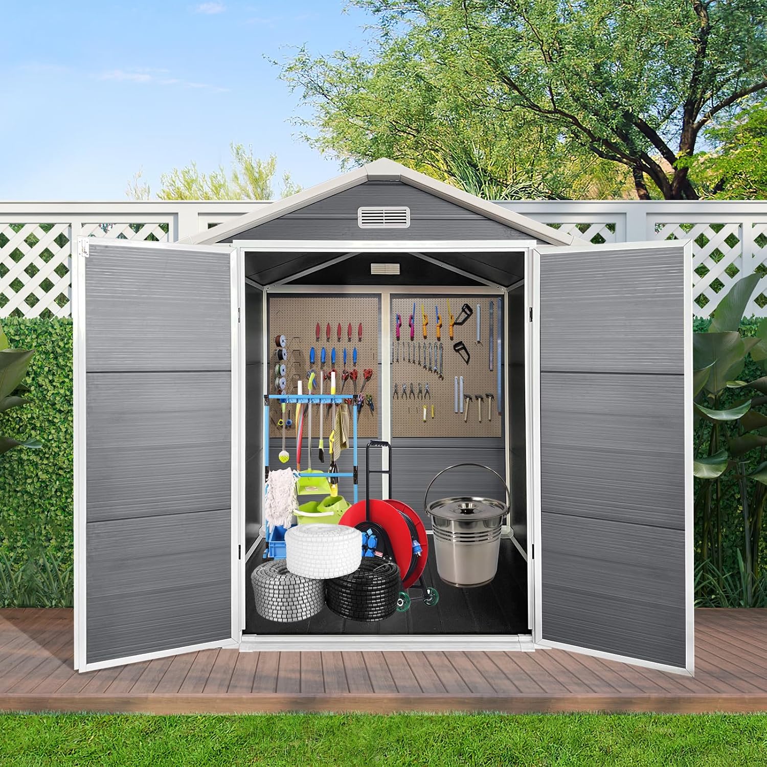 6x6 FT Outdoor Storage Shed with Lockable Door & Floor, All-Weather Plastic Garden Shed in Gray for Backyard, Patio, Lawn