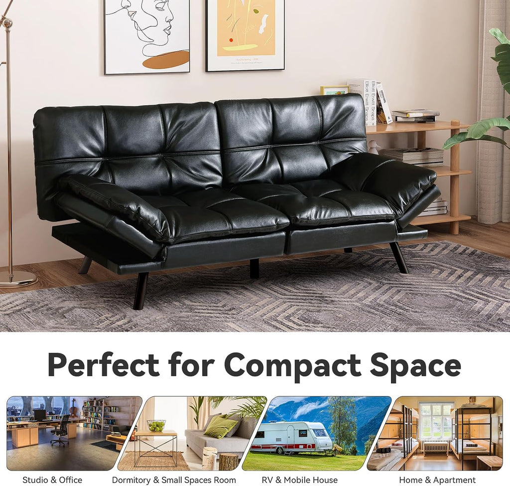 Black Faux Leather Futon Sofa Bed, Memory Foam Futon Couch with Convertible Backrests & Armrests, Small Splitback Loveseat Sofa for Living Room, Home Office, Apartment