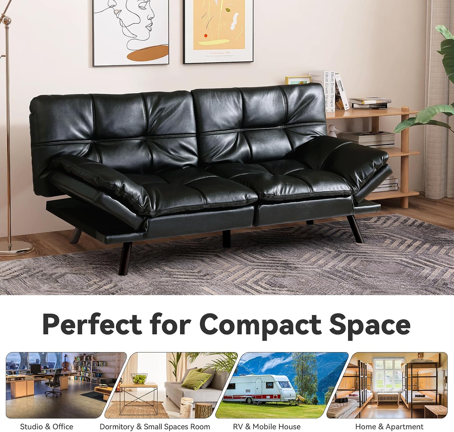 Black Faux Leather Futon Sofa Bed, Memory Foam Futon Couch with Convertible Backrests & Armrests, Small Splitback Loveseat Sofa for Living Room, Home Office, Apartment