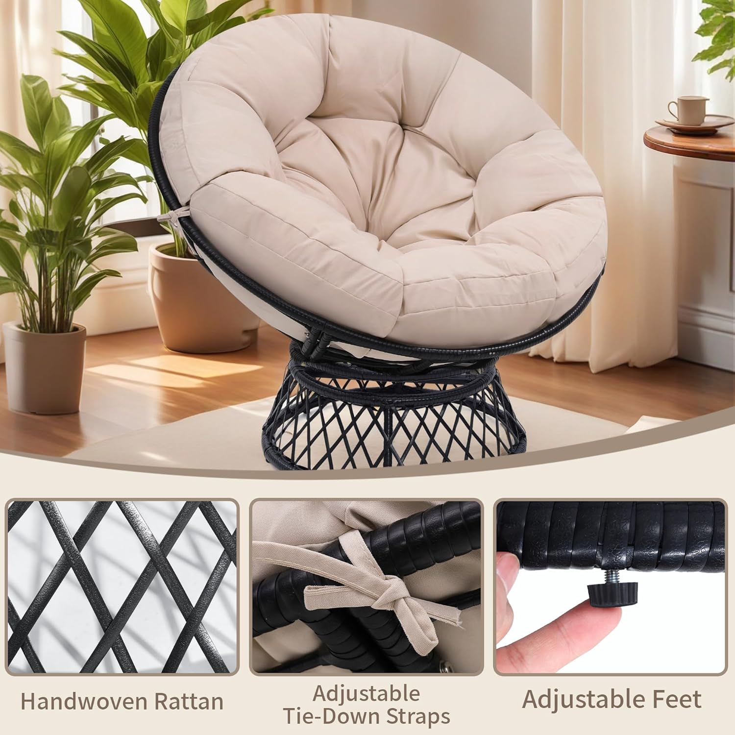 KROFEM 46' Giant Oversized Ergonomic Rattan Papasan Chair with Soft Thick Cushion for Adults, Fluid 360° Swivel, Waterproof, Black Frame with Beige Cushion
