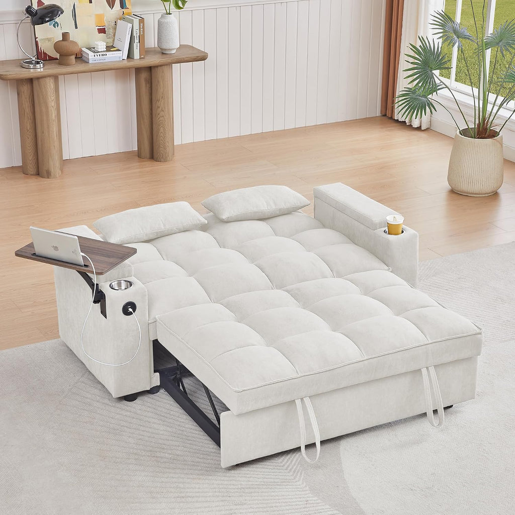 hansones 65'' Convertible Sleeper Sofa Bed with Pull-Out Design, 3-in-1 Modern Chenille Fabric Couch with 360° Swivel Side Table, Queen Size, Easy Assembly, for Living Room, White