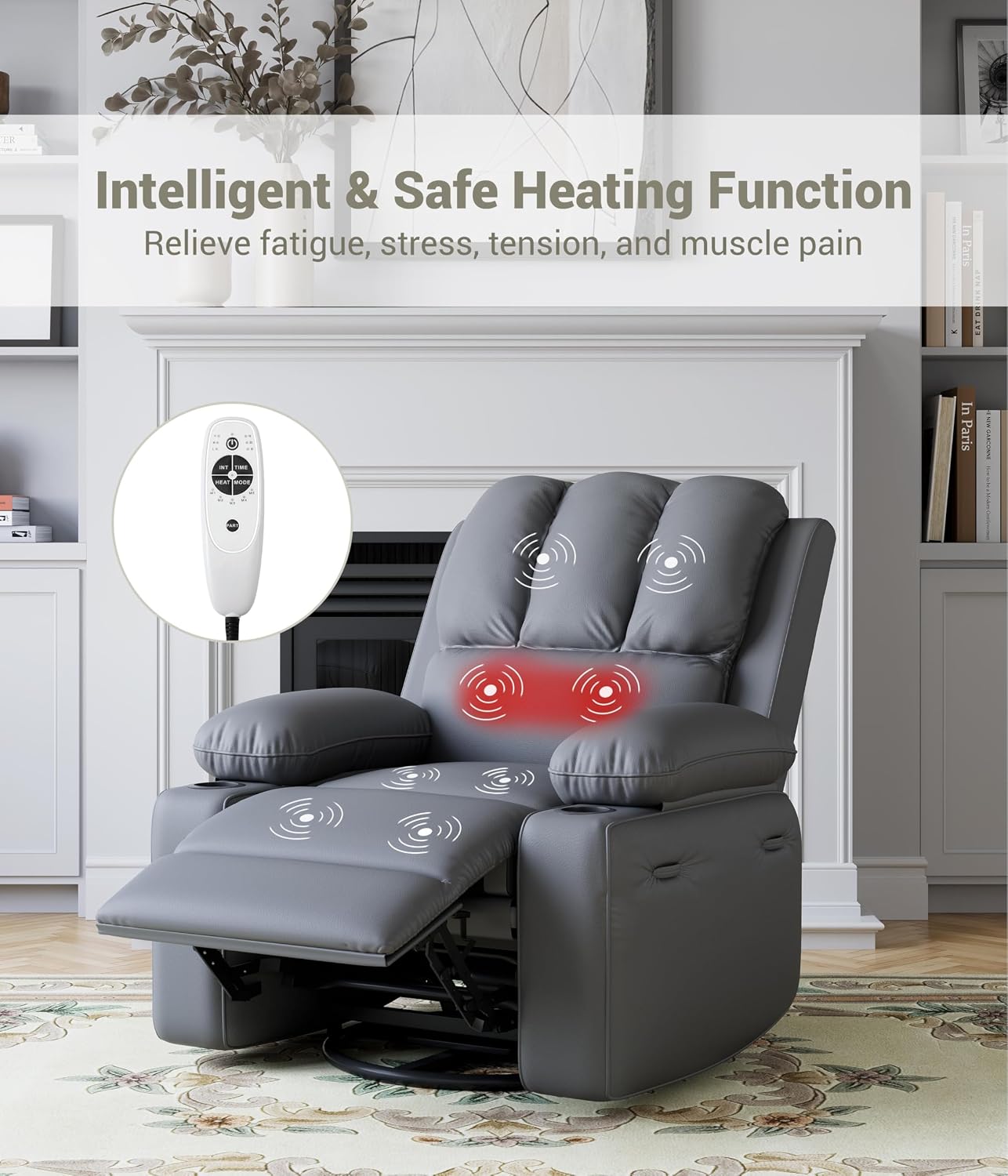 22'' Electric Recliner Chair for Adults, Swivel Rocker Recliner with Massage and Heat, Pu Leather Single Sofa with Cup Holder and Side Pocket, for Living Room, Bedroom, Grey