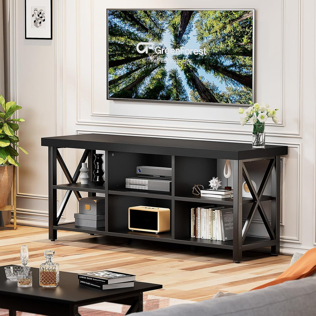 GreenForest TV Stand for TV up to 65 inches, Entertainment Center with 6 Storage Cabinet for Living Room, 55 inch Farmhouse Television Stands Console Table, Industrial TV stands for Living Room, Black