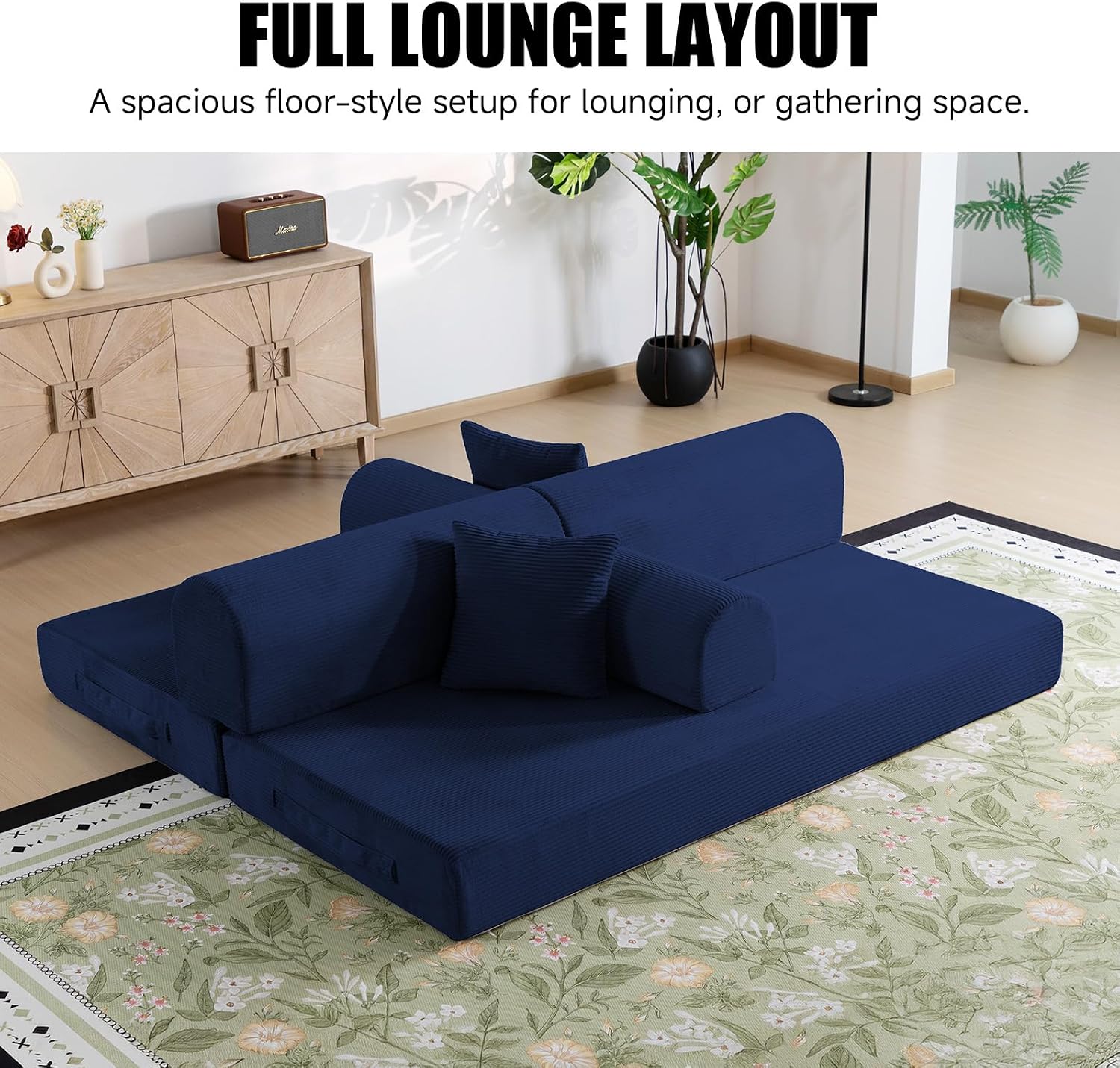 78.8' Memory Foam Boneless Couch, Corduroy Floor Sofa Bed, Convertible Sleeper Futon Loveseat, Wide Armrests & Back Support, Supports Up to 1200 lbs, Couch in a Box with 2 Pillows, Navy Blue