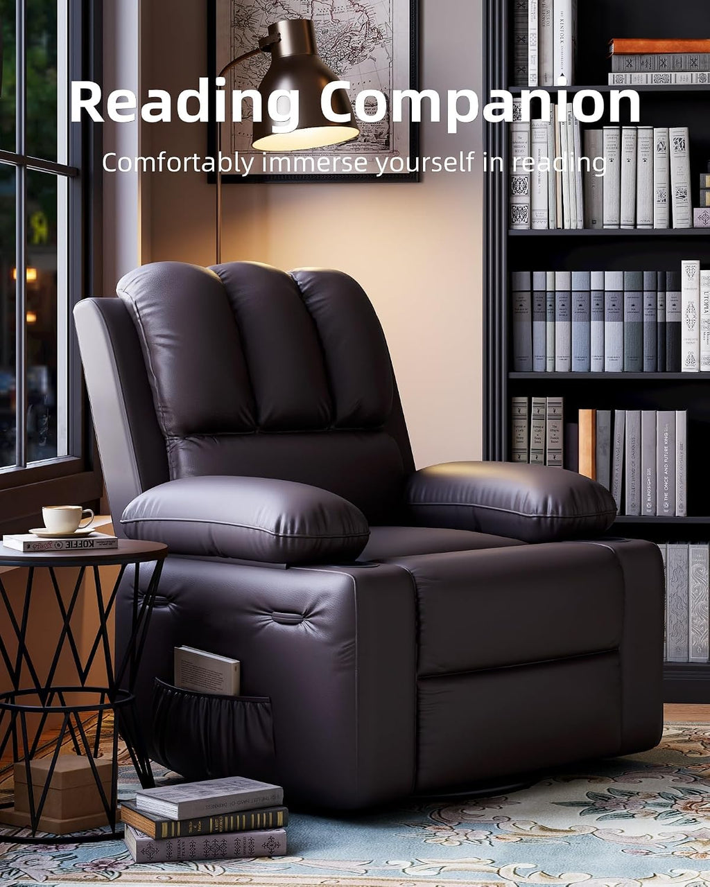 22 in Leather Recliner Chair for Adults, Overstuffed Manual Recliner Chair, Single Sofa with Cup Holder and Side Pockets, Upholstered Chair for Living Rooms, Coffee