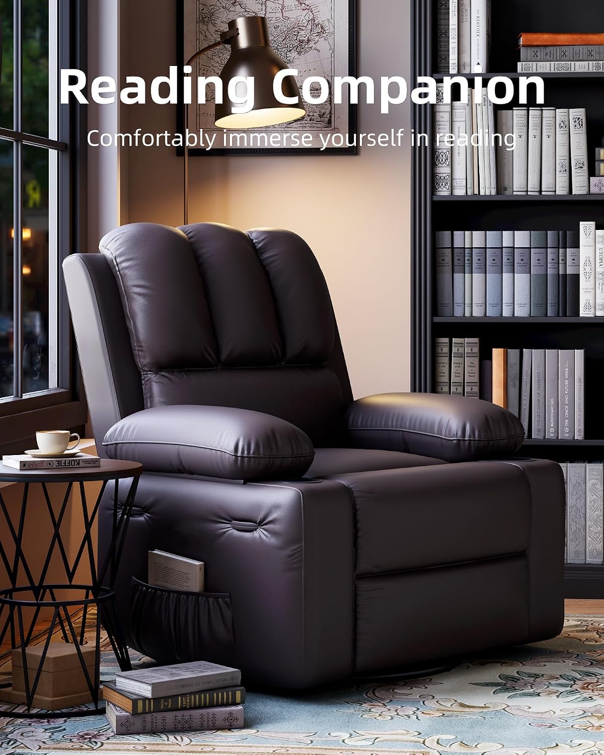 22 in Leather Recliner Chair for Adults, Overstuffed Manual Recliner Chair, Single Sofa with Cup Holder and Side Pockets, Upholstered Chair for Living Rooms, Coffee