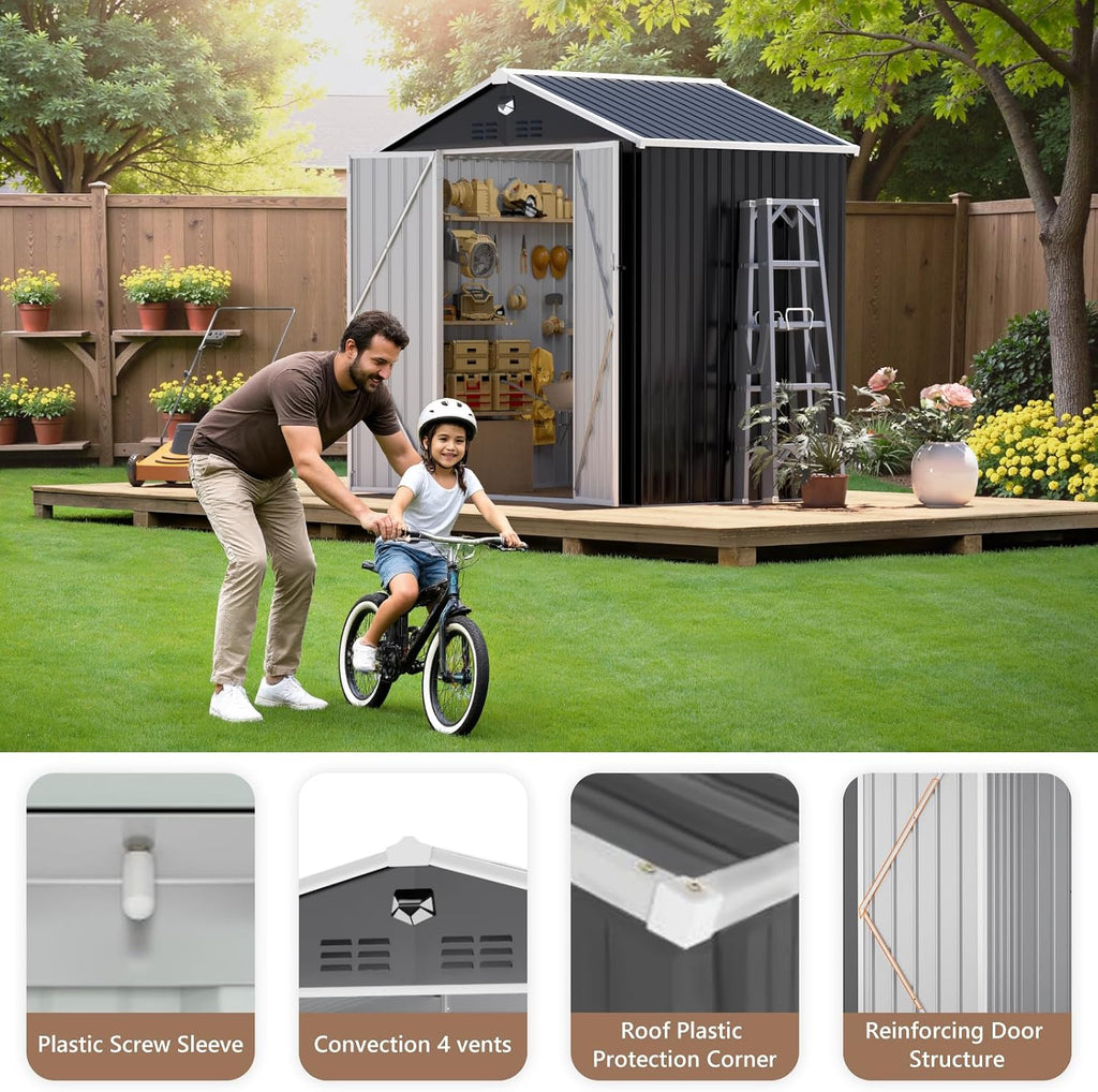8X6 FT Outdoor Storage Shed, Metal Garden Shed, Storage Tool Sheds with Lockable Doors, Waterproof Outside Storage Building for Backyard, Patio (Black; Floor Not Included)