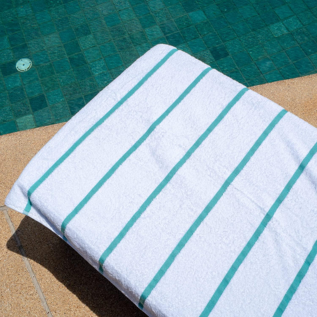 Arkwright Las Rayas Chaise Lounge Cover Towel with Pocket - Case of 12 - Striped 100% Cotton Cabana Cover for Beach Pool Outdoor Chairs, 30 x 85 in, White/Green