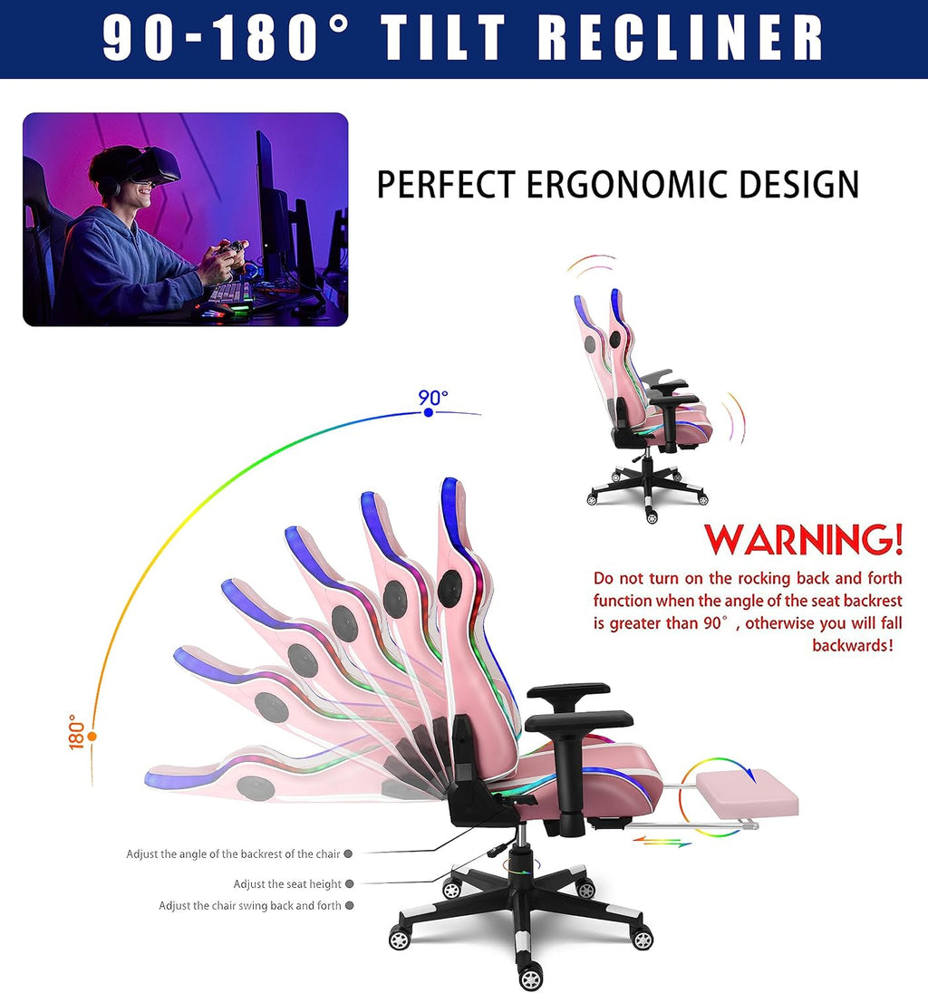 Gaming Chair with Massage and Speakers,Ergonomic Video Gaming Chair with Footrest and Lumbar Support,RGB Racing Gaming Chair, Computer Chair for Adults and Teens, 400lb.,Pink