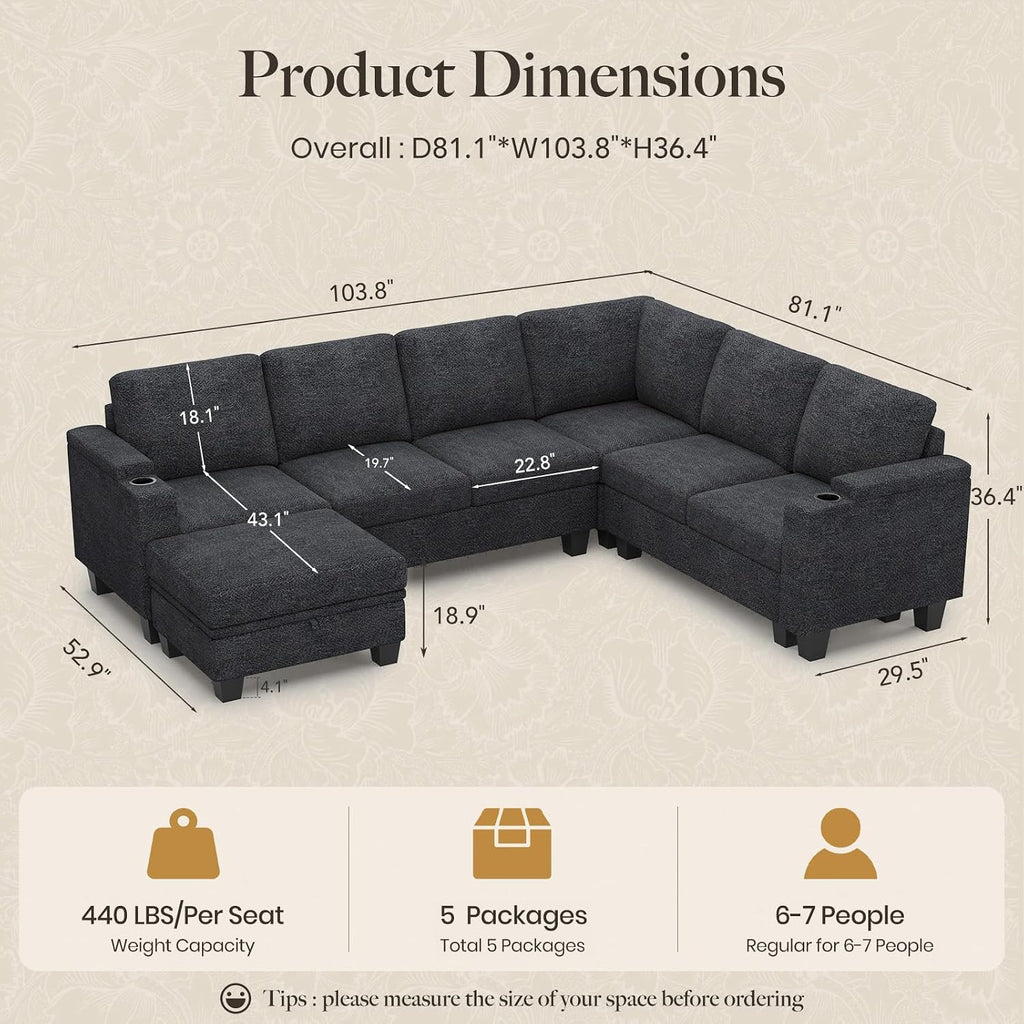 Belffin Chenille Modular Sectional Sofa Convertible L Shaped Corner Couches for Living Room with Storage Armrest with Cup Holder Dark Grey Couch