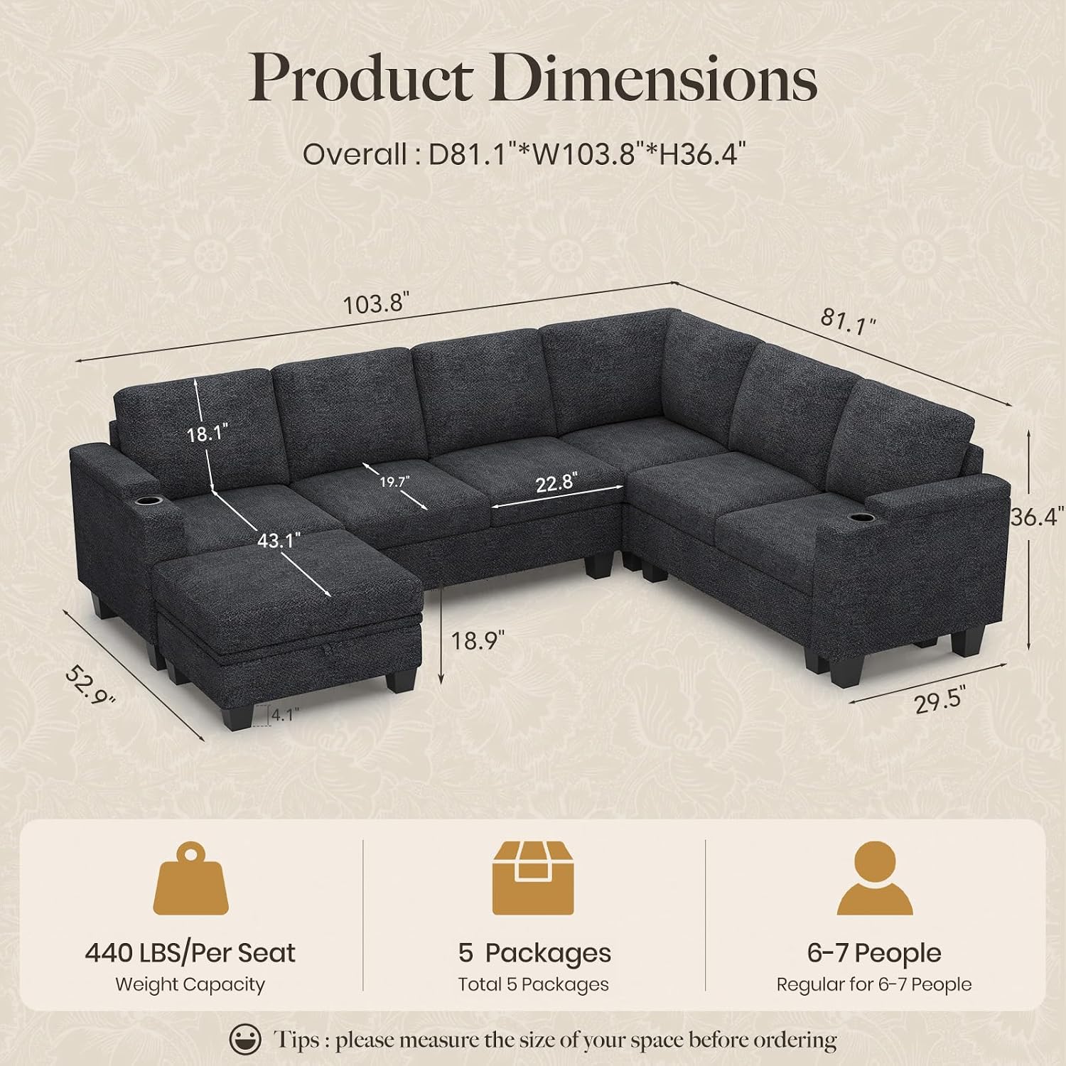 Belffin Chenille Modular Sectional Sofa Convertible L Shaped Corner Couches for Living Room with Storage Armrest with Cup Holder Dark Grey Couch