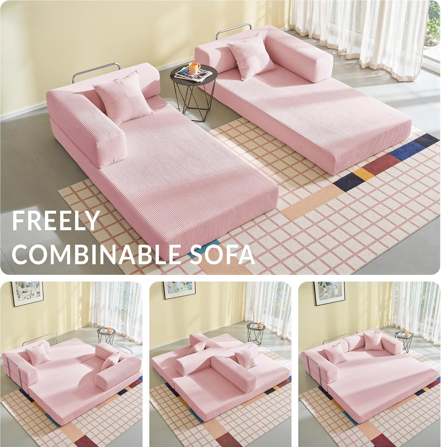 YINIX Sofa Bed, 62'' Folding Floor Couch, Compressed Convertable Sleeper Sofa, Memory Foam Couch with Pillow Back Support Armrest, 4-in-1 Futon Sofa Bed for Living Room, Hot Pink