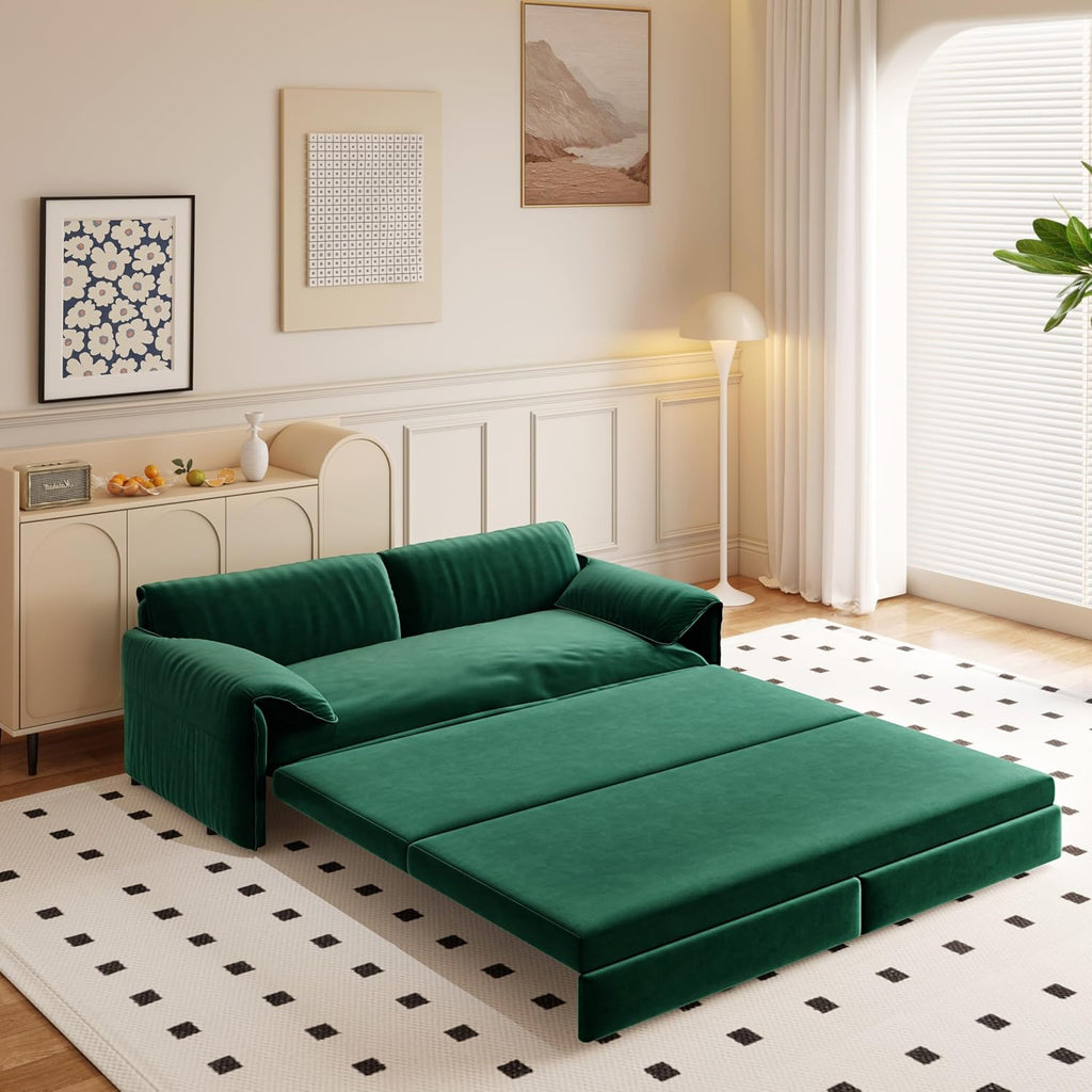 3 in 1 Convertible Queen Sleeper Sofa Bed Comfy Pull Out Futon Couch Bed 66' Modern Velvet Recliner Loveseat Sofa Multi-Functional Green Cloud Couch for Living Room,Apartment,Office (Green 66')