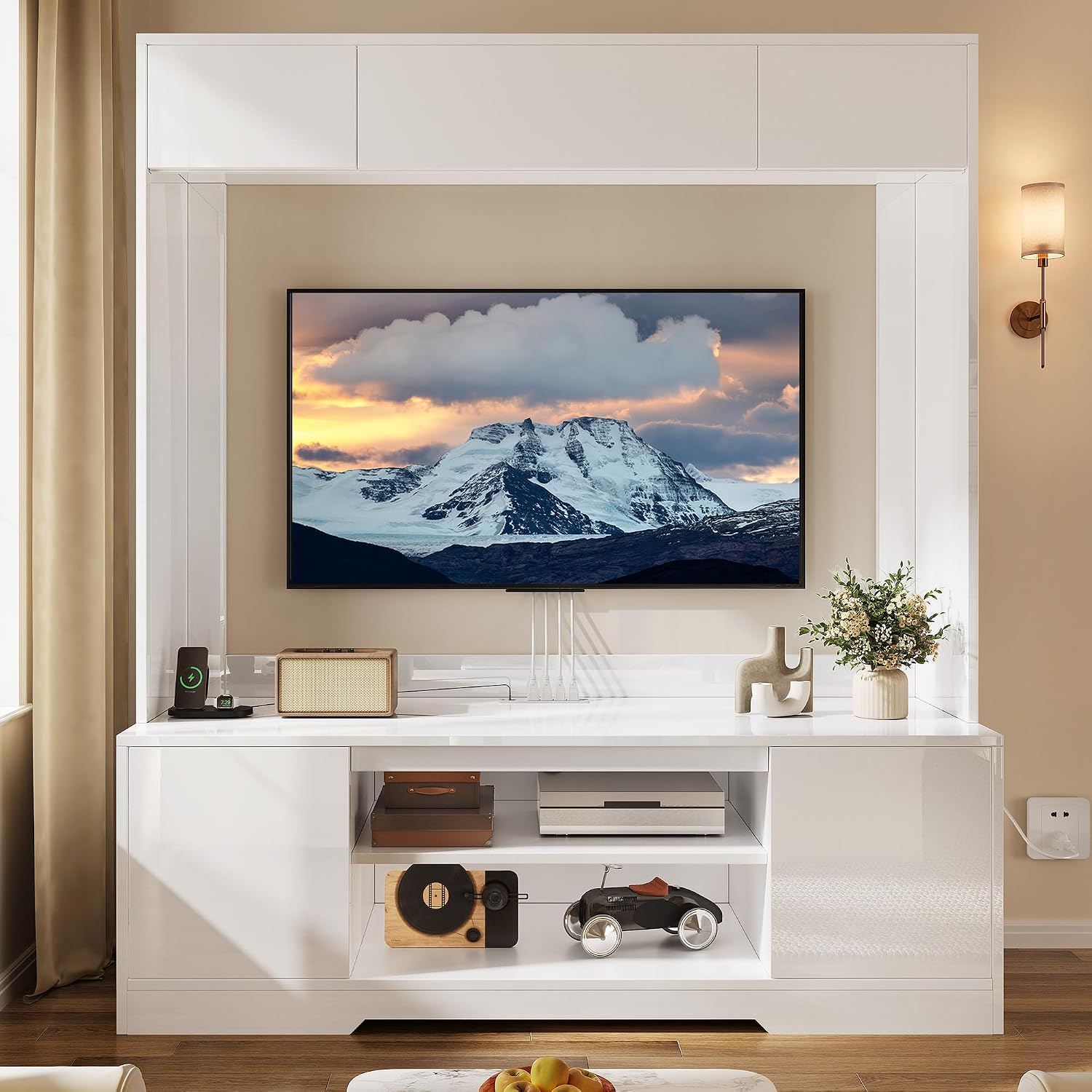 YITAHOME Wall Unit Entertainment Center with Storage for Living Room, Modern Tall TV Stand for 65 Inch TV with Power Outlets & Adjustable Storage Cabinet, White