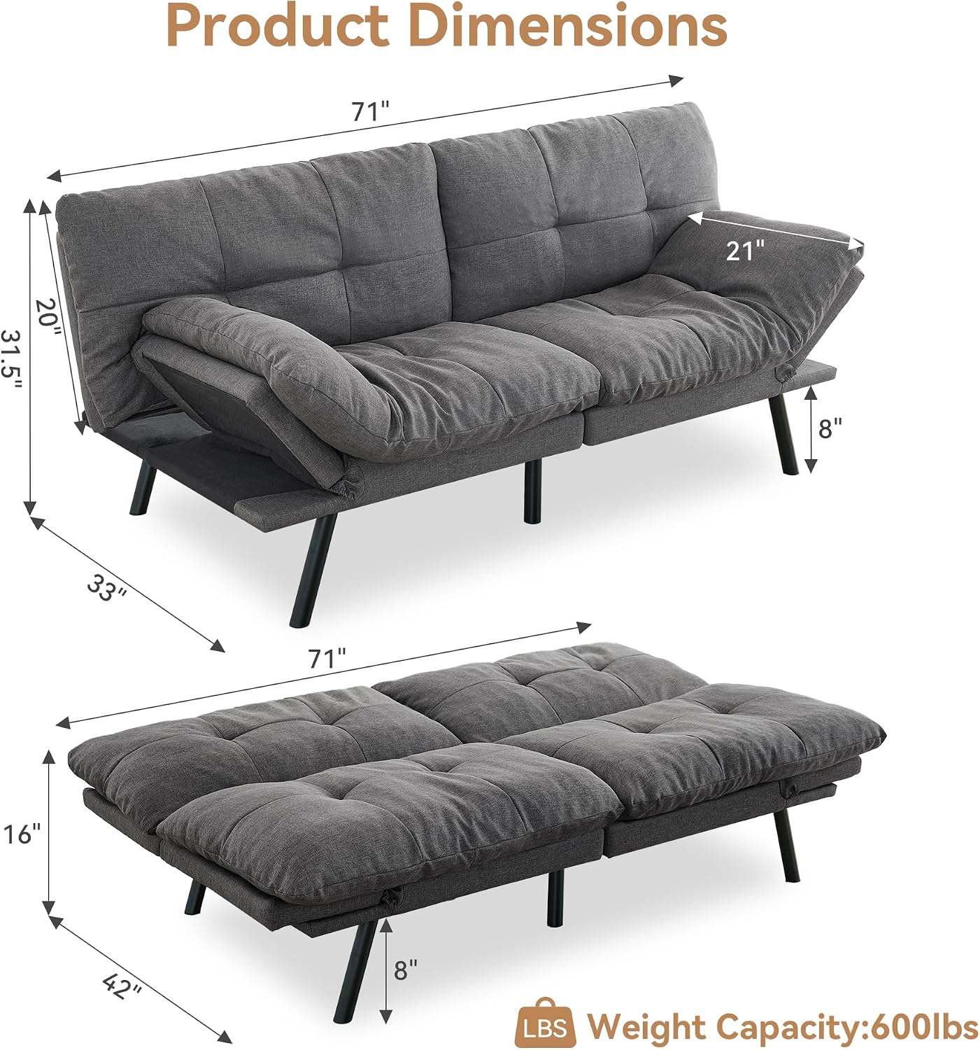 Convertible Futon Sofa Bed,71' Modern Fabric Futon Couch with Adjustable Backrest&Armrest,Small Loveseat Sleeper Sofa,Dorm Futonsofa for Apartment,Living Room,Detachable Cushions,Fog Grey