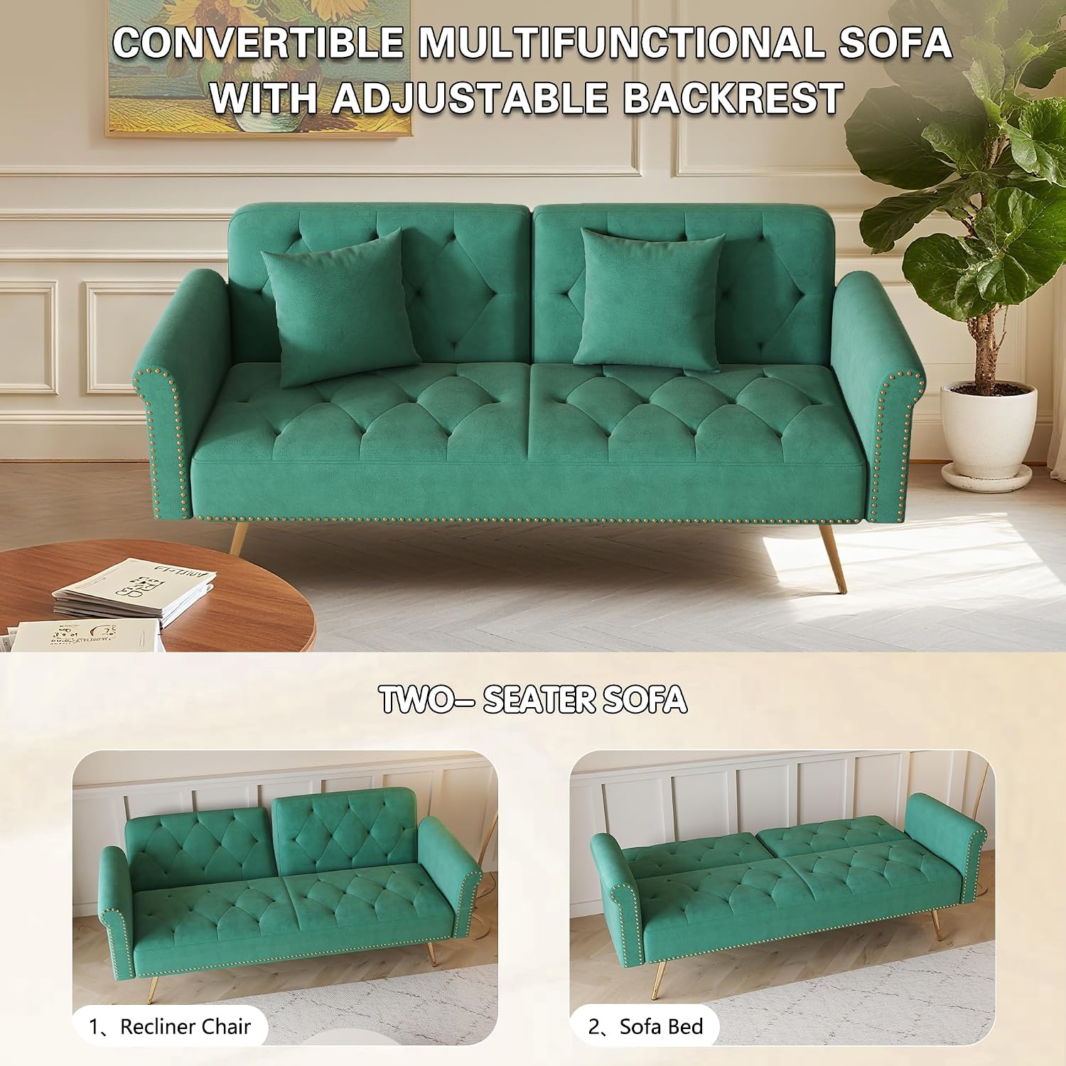 KEIKI 70' Folding Futon Sofa Couch w/Adjustable Backrest, Mid Century Modern Loveseat Convertible to Sleeper Bed, Small Comfy Velvet Cloud Couch SofaBed for Living Room & Bedroom, 2 Pillows, Green