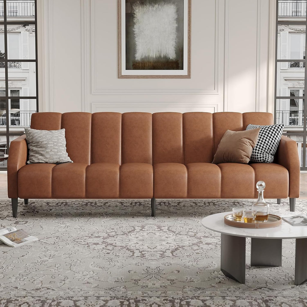 Fadware Faux Leather Couch, Convertible Futon Sofa Bed with Adjustable Backrest, Mid Century Leather Sofa Loveseat with Side Pockets& Metal Leg, Modern Leather Sleeper Sofa for Living Room Bedroom