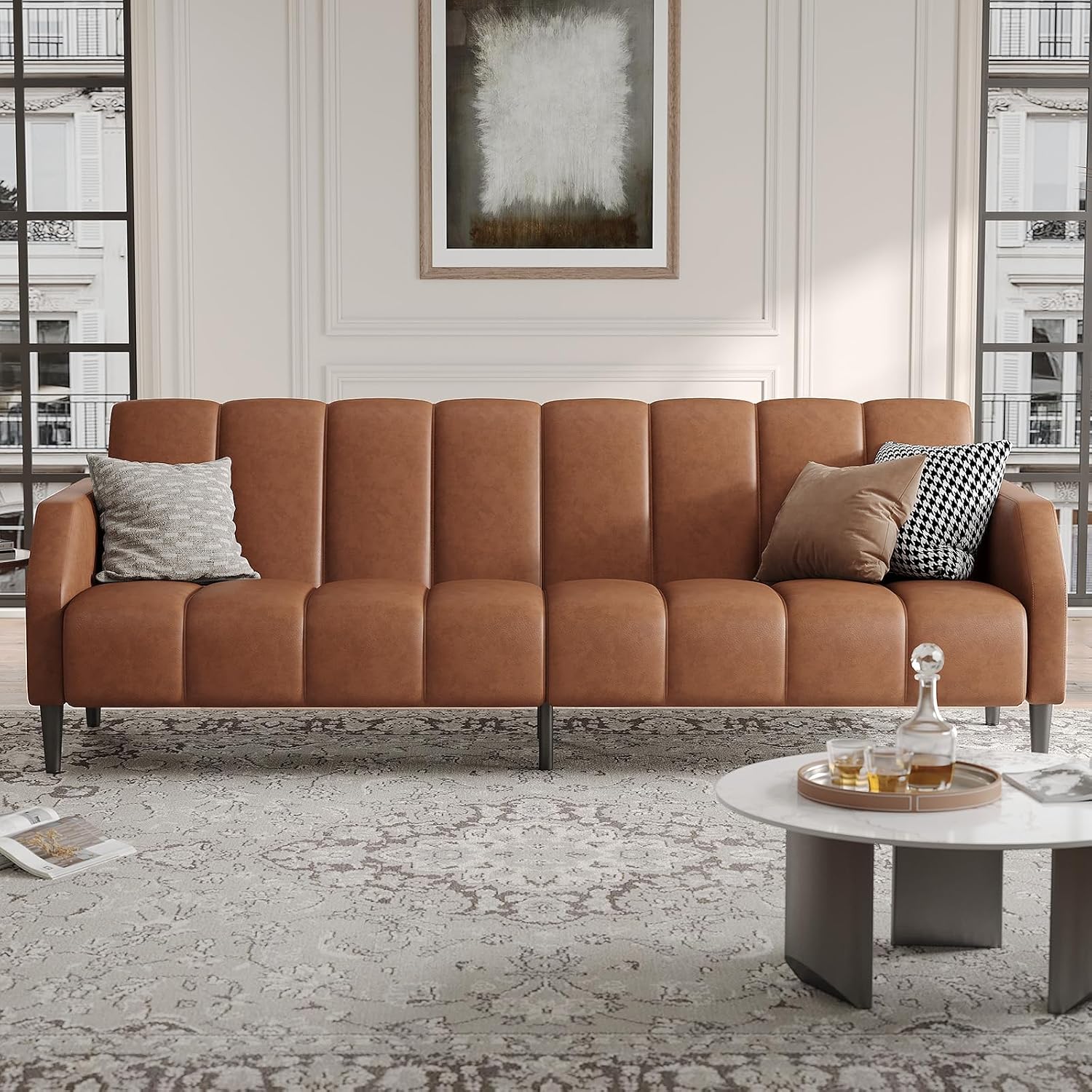 Fadware Faux Leather Couch, Convertible Futon Sofa Bed with Adjustable Backrest, Mid Century Leather Sofa Loveseat with Side Pockets& Metal Leg, Modern Leather Sleeper Sofa for Living Room Bedroom