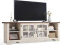 LINSY HOME TV Stand for 75 Inch TV, Modern Farmhouse Entertainment Center with Storage Cabinets and Glass Doors, Tall Media Console Table for Living Room, Bedroom, Large Long Television Stand, Beige