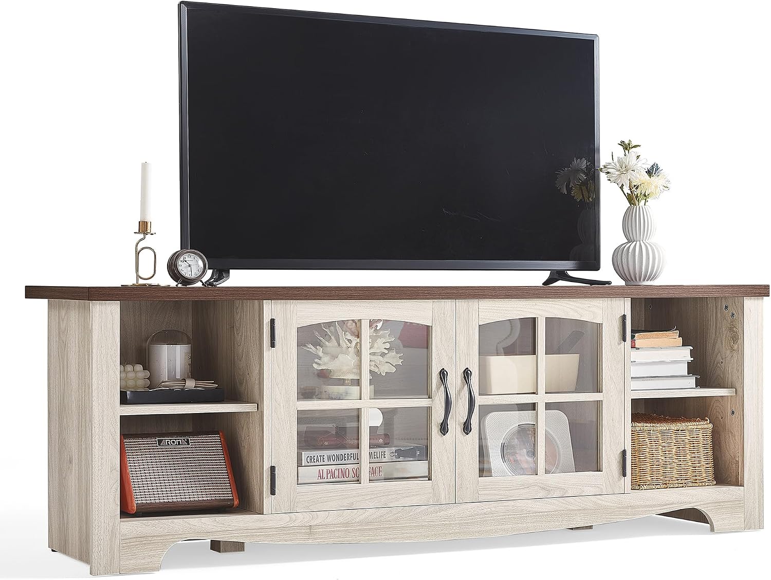 LINSY HOME TV Stand for 75 Inch TV, Modern Farmhouse Entertainment Center with Storage Cabinets and Glass Doors, Tall Media Console Table for Living Room, Bedroom, Large Long Television Stand, Beige