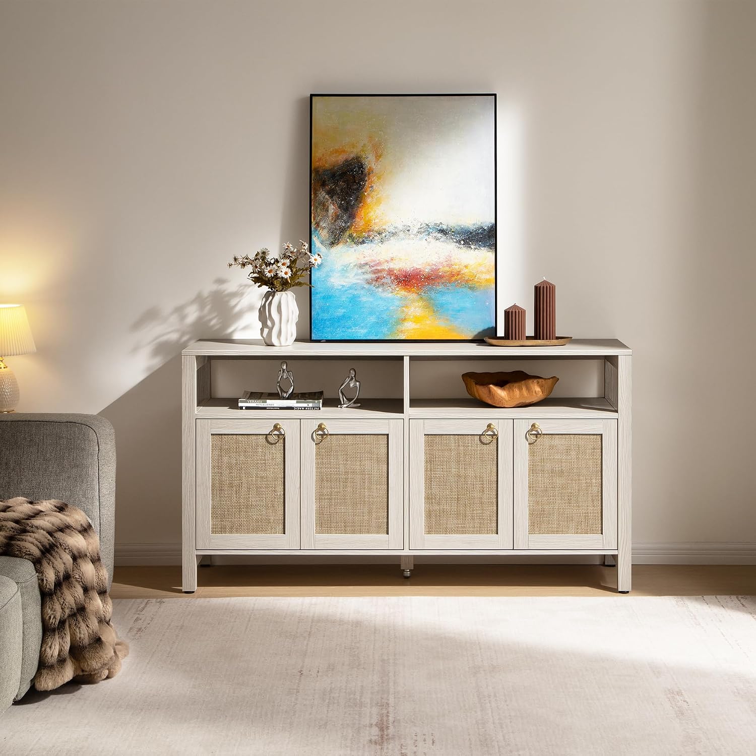 SICOTAS Rattan TV Stand for Television up to 120' - Large Entertainment Center with Storage and Open Shelves, Boho Media TV Console Cabinet with Doors and Adjustable Shelf for Living Room