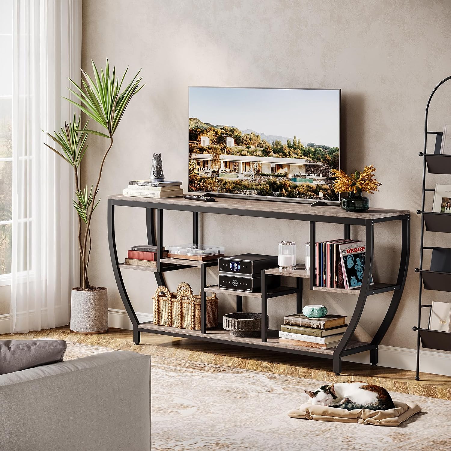 Tribesigns TV Stand for Televisions up to 80 Inches, 70.9 Inches Entertainment Center with Storage Shelves, Wood TV Media Console Table Unit for Living Room, Bedroom, Grey