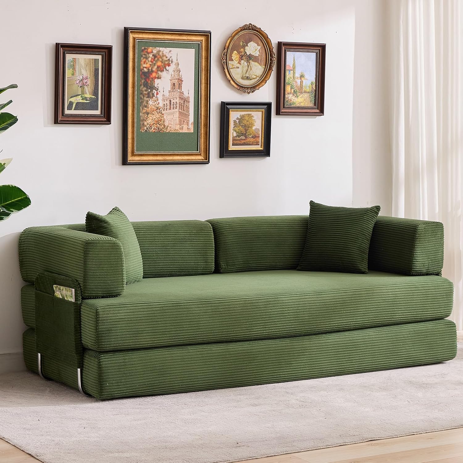 Garvee 5-in-1 Convertible Sofa Bed, 78.8' Modular Corduroy Sleeper with Sturdy Frame & No Assembly, Multi-Functional Futon for Small Space, Living Room & Guest Room (Green) (Green)