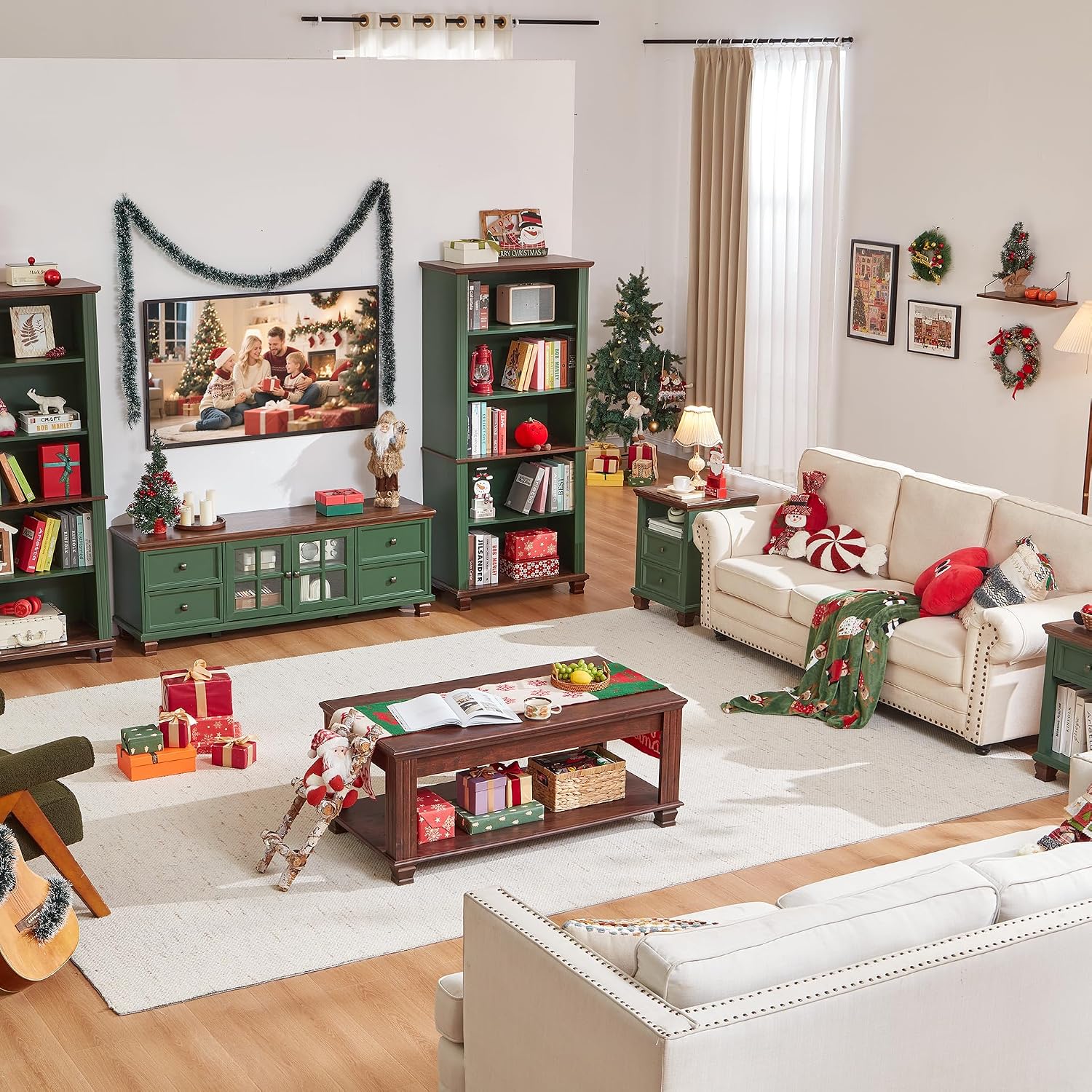 SAVOR LIFE Farmhouse TV Stand for Living Room, Rustic Green Entertainment Center with Storage Cabinet,Wood TV Console with 4 Drawers,Modern TV Stands for Bedroom,Green