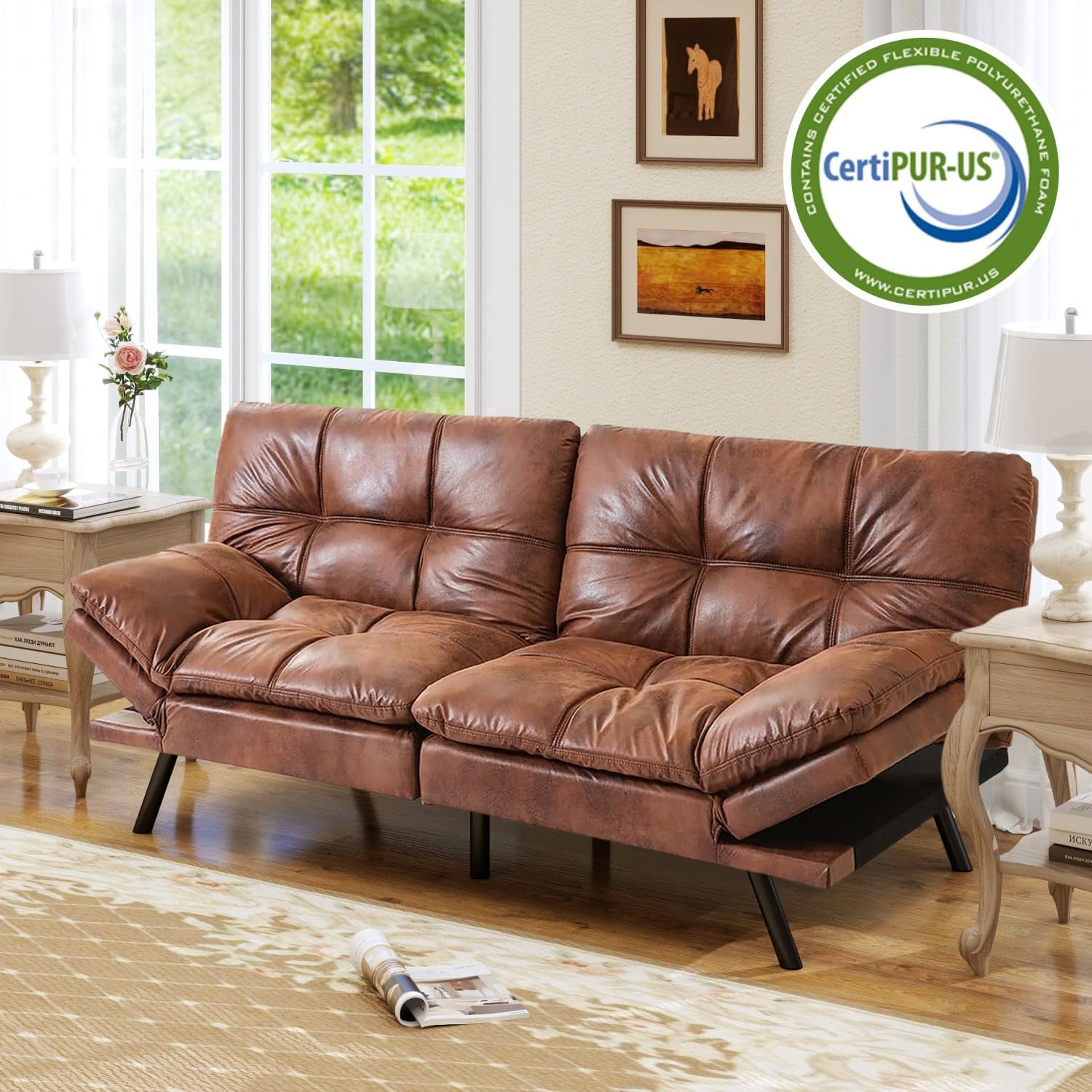 MUUEGM 71' Convertible Futon Sofa Bed, Upholstered Small Futon Couches with Adjustable Backrest, Loveseat Sleeper Bed for Compact Living Room Studio Office (Brown)