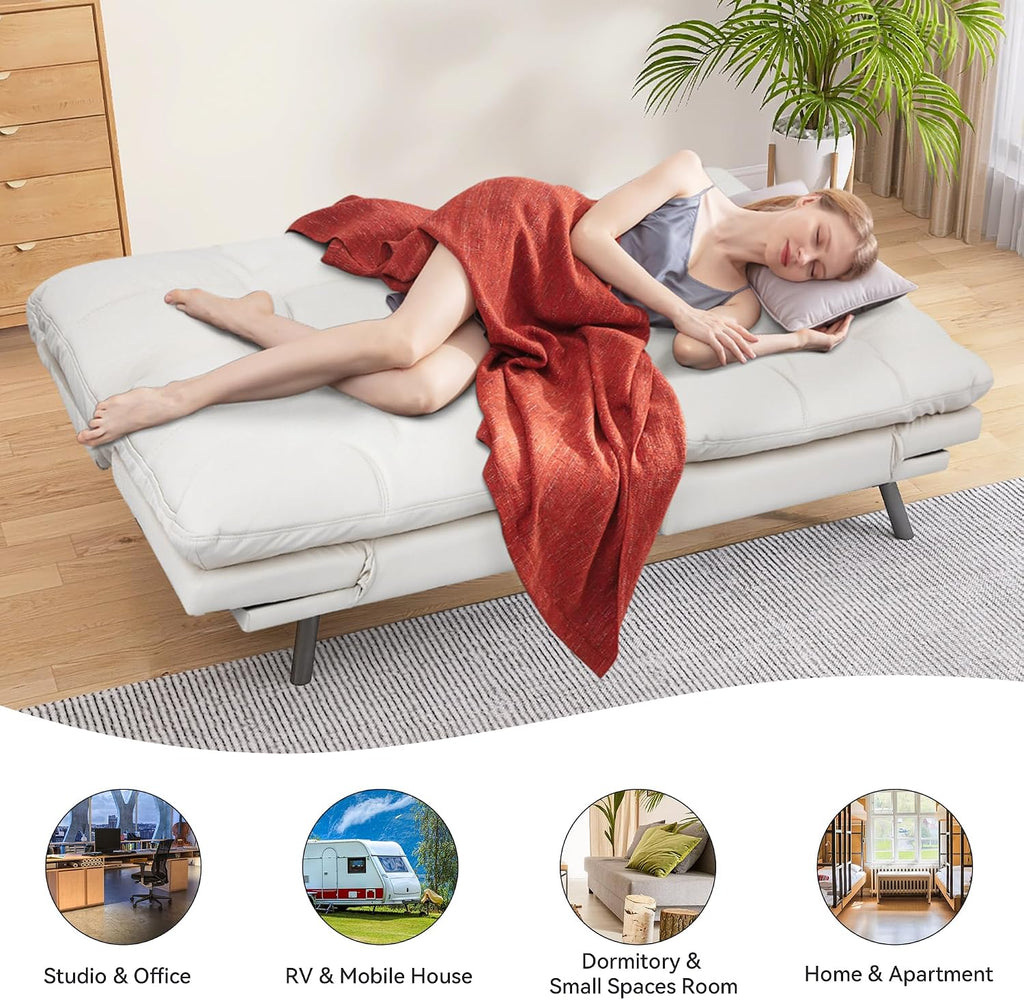 Convertible Faux Leather Futon Sofa Bed,Memory Foam Futon Couch,Small Splitback Modern Folding Loveseat Sleeper Sofa Couches for Living Room,Office,Apartment,White