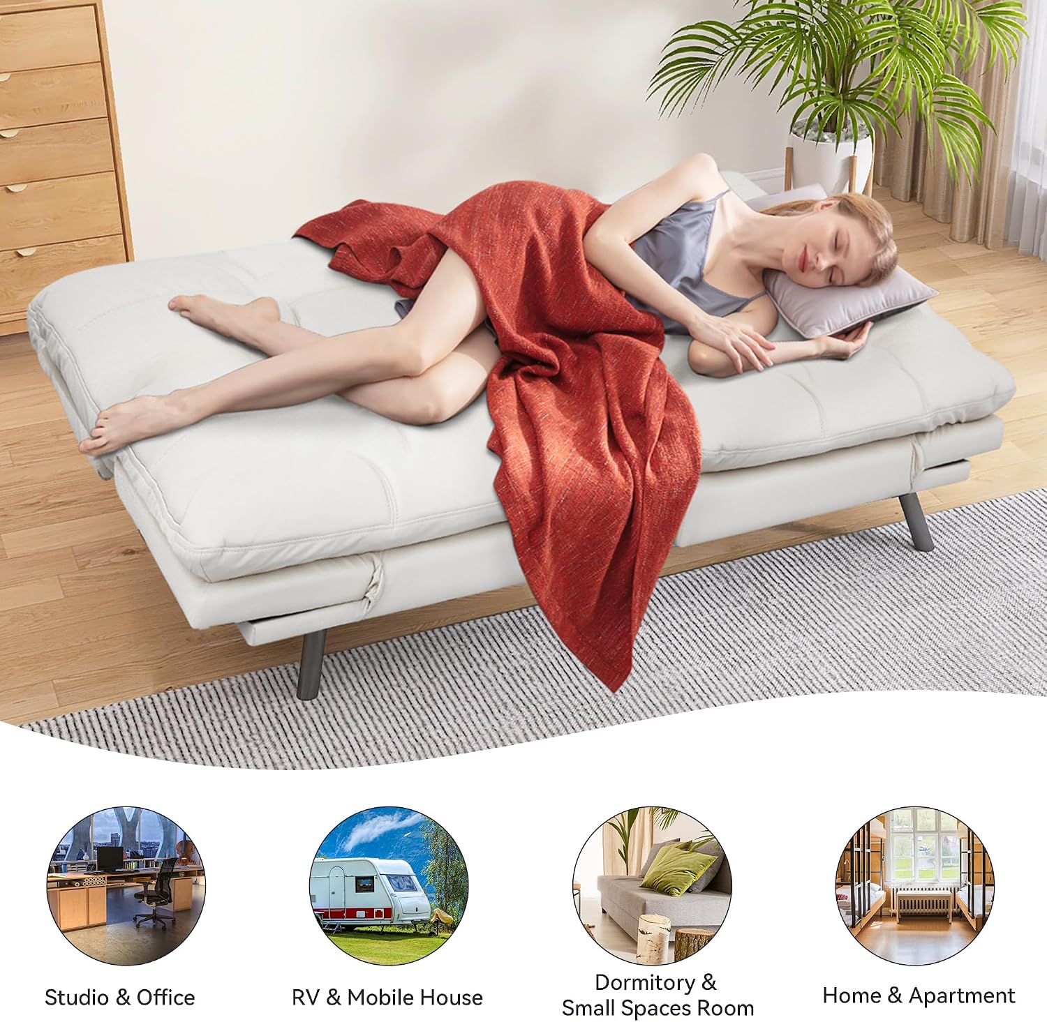 Convertible Faux Leather Futon Sofa Bed,Memory Foam Futon Couch,Small Splitback Modern Folding Loveseat Sleeper Sofa Couches for Living Room,Office,Apartment,White