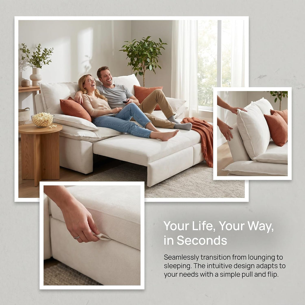 73.2' Sofa Bed Queen, 3-in-1 Pull Out Sofa Bed with Pillow Armrest, Modern Velvet Convertible Sleeper Futon Sofa for Living Room Small Space, Apartment, Bedroom, White