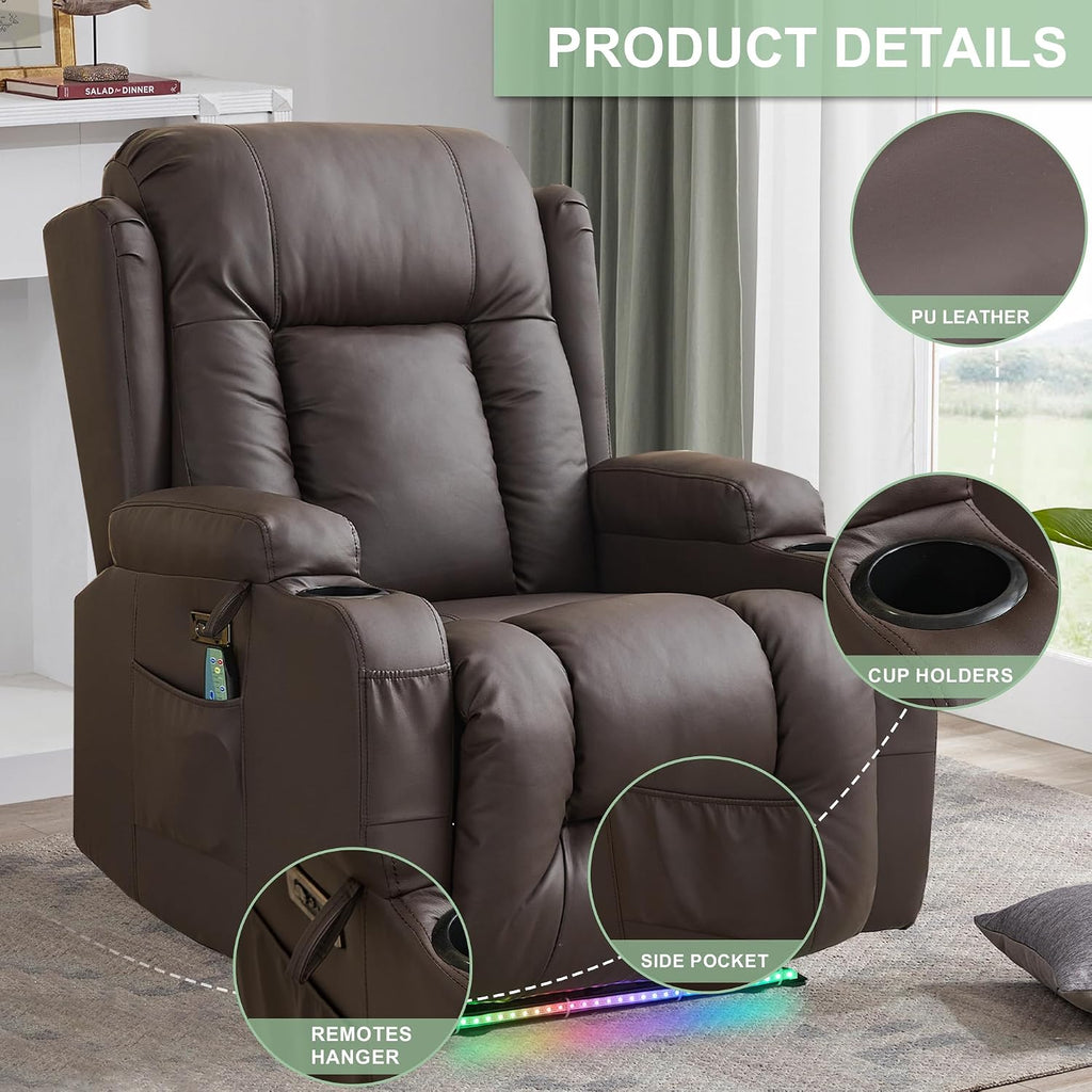 TUNYI Power Recliner Sofa with Massage & Heat Home Theater Seating with Console RV Recliner Sofa with USB/Storage/Side Pocket/LED Light/Speaker (Brown, 1PC)