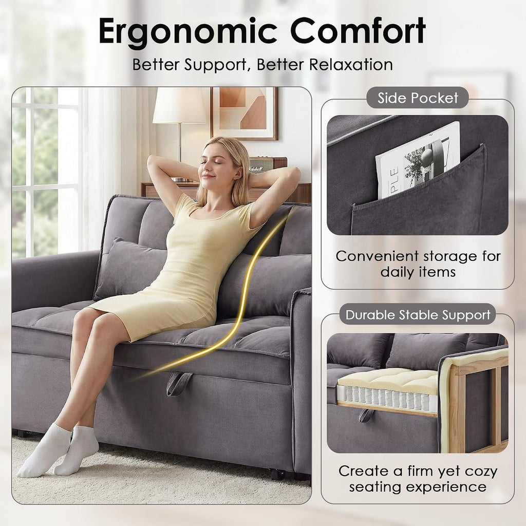 3 in 1 Convertible Sleeper Sofa Bed, 55' Pull Out Couches, Modern Loveseat Sleeper Sofa with Adjustable Reclining Backrest & Side Pockets for Living Room, Velvet Fabric, Dark Gray