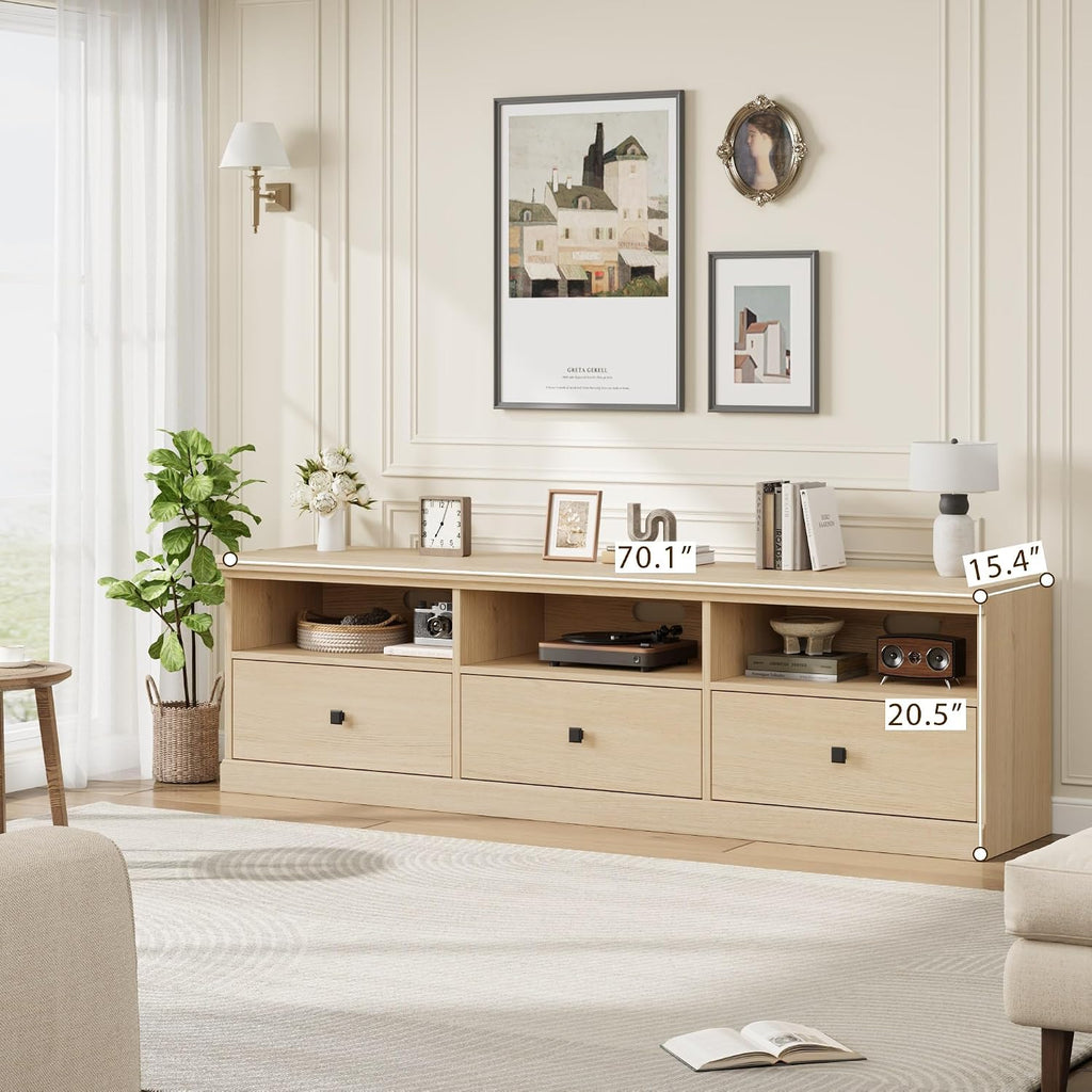 GarveeHome TV Stand for 65/70/75 in TV, Entertainment Center with Storage Drawer, Mid-Century Modern TV Console with Open Shelves, 70 in Media TV Cabinet for Living Room, Bedroom, Natural Wood