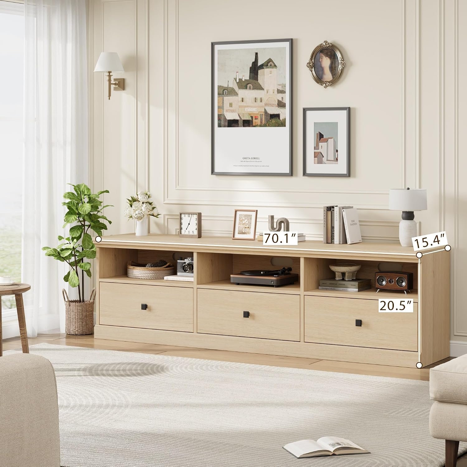 GarveeHome TV Stand for 65/70/75 in TV, Entertainment Center with Storage Drawer, Mid-Century Modern TV Console with Open Shelves, 70 in Media TV Cabinet for Living Room, Bedroom, Natural Wood