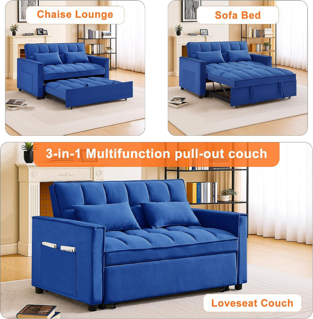 3 in 1 Convertible Sleeper Sofa Bed,Futon Pull Out Couch with Adjustable Backrest,Velvet Fabric Loveseat Sofa with Side Pocket for Bedroom, Living Room