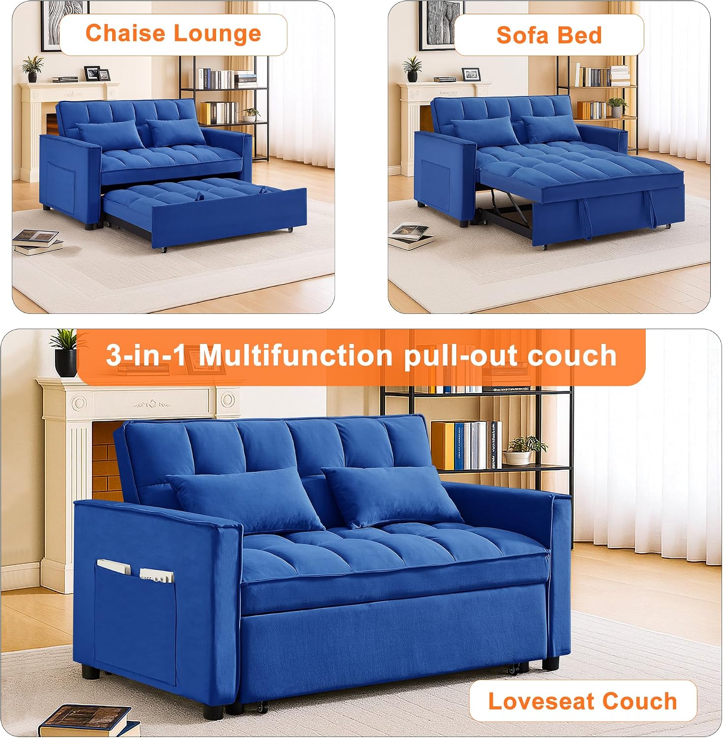 3 in 1 Convertible Sleeper Sofa Bed,Futon Pull Out Couch with Adjustable Backrest,Velvet Fabric Loveseat Sofa with Side Pocket for Bedroom, Living Room